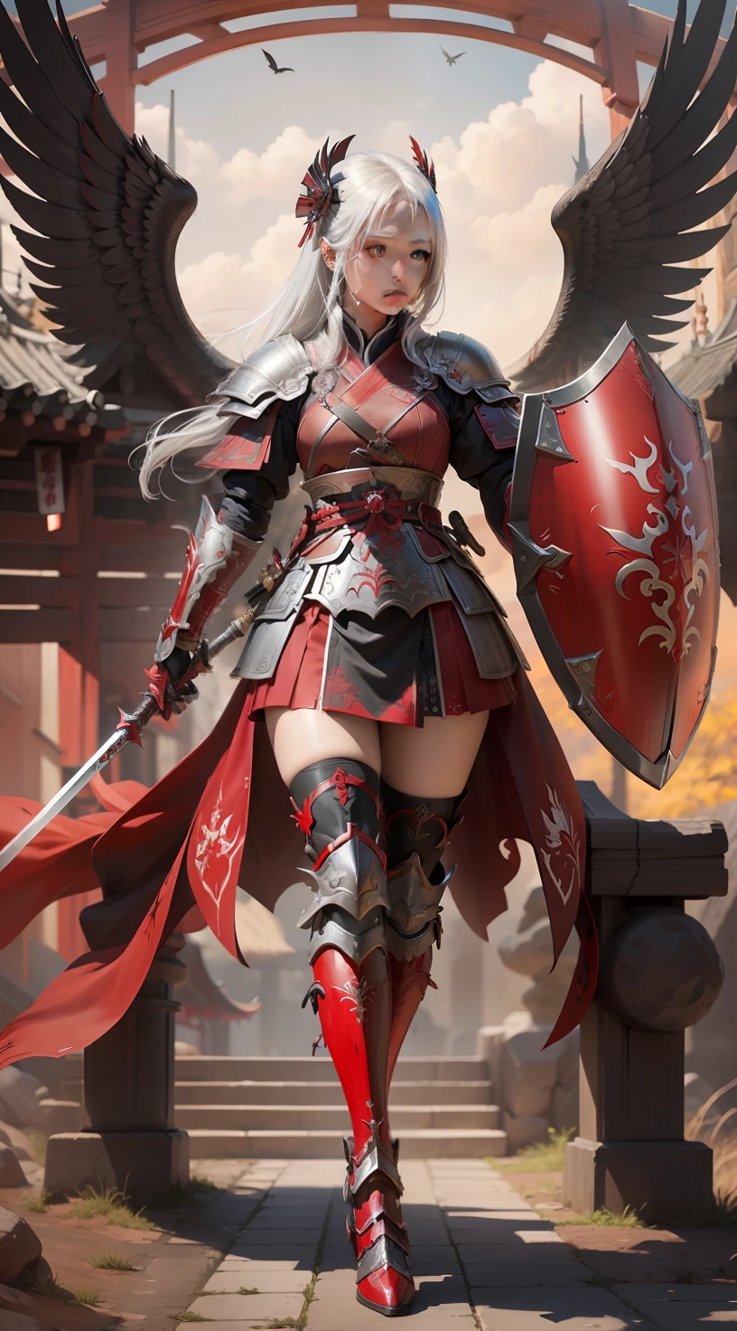 (best quality, masterpiece:1.1), (realistic:1.4), 1girl, beauty natural face, silver hair, dark red sword in right hand, red and black heavy shield in left hand, shogun armor, using shogun helm, red and black 6 wings, ultra detailing