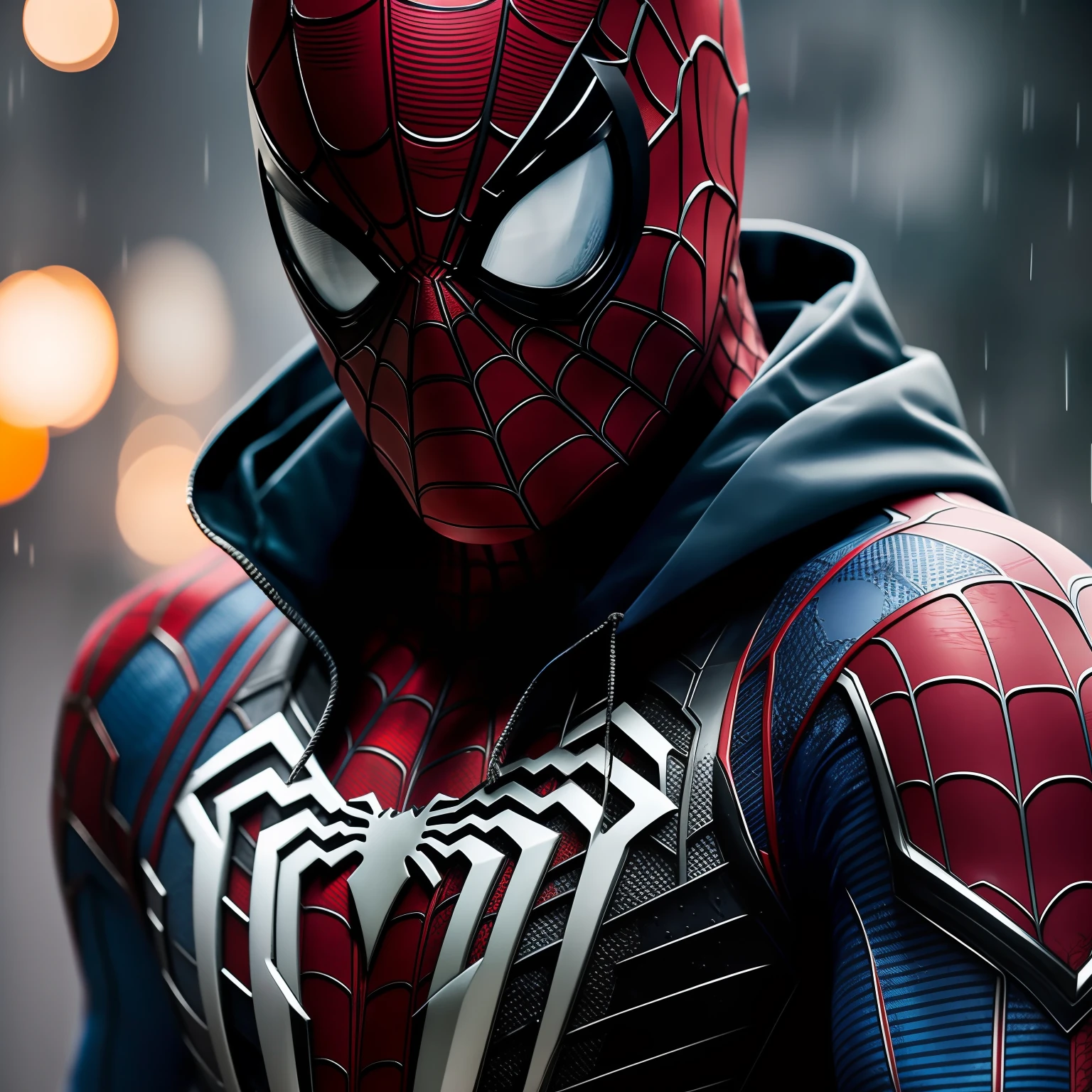 spider-man、Patterned masks、injury、murky、rain is falling、Detailed suit、Tired、Peter Parker、masterpiece、top-quality、A detailed face、Grown-up、Silvery decoration、Split lens、realisitic