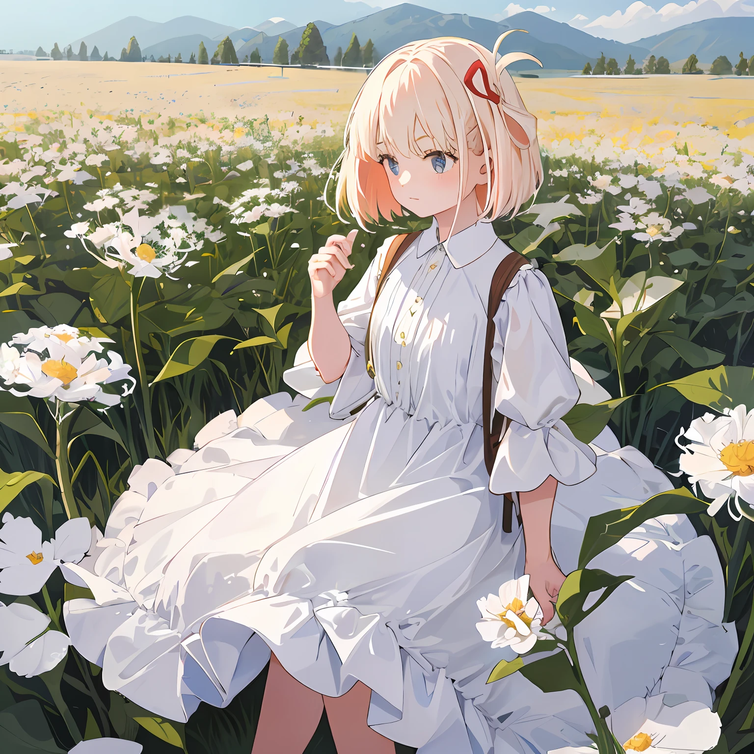 MASTERPIECE，The best quality，One has long light-colored hair，Girl in soft clothes，Looking at the girl in the dandelion flower field with no future
