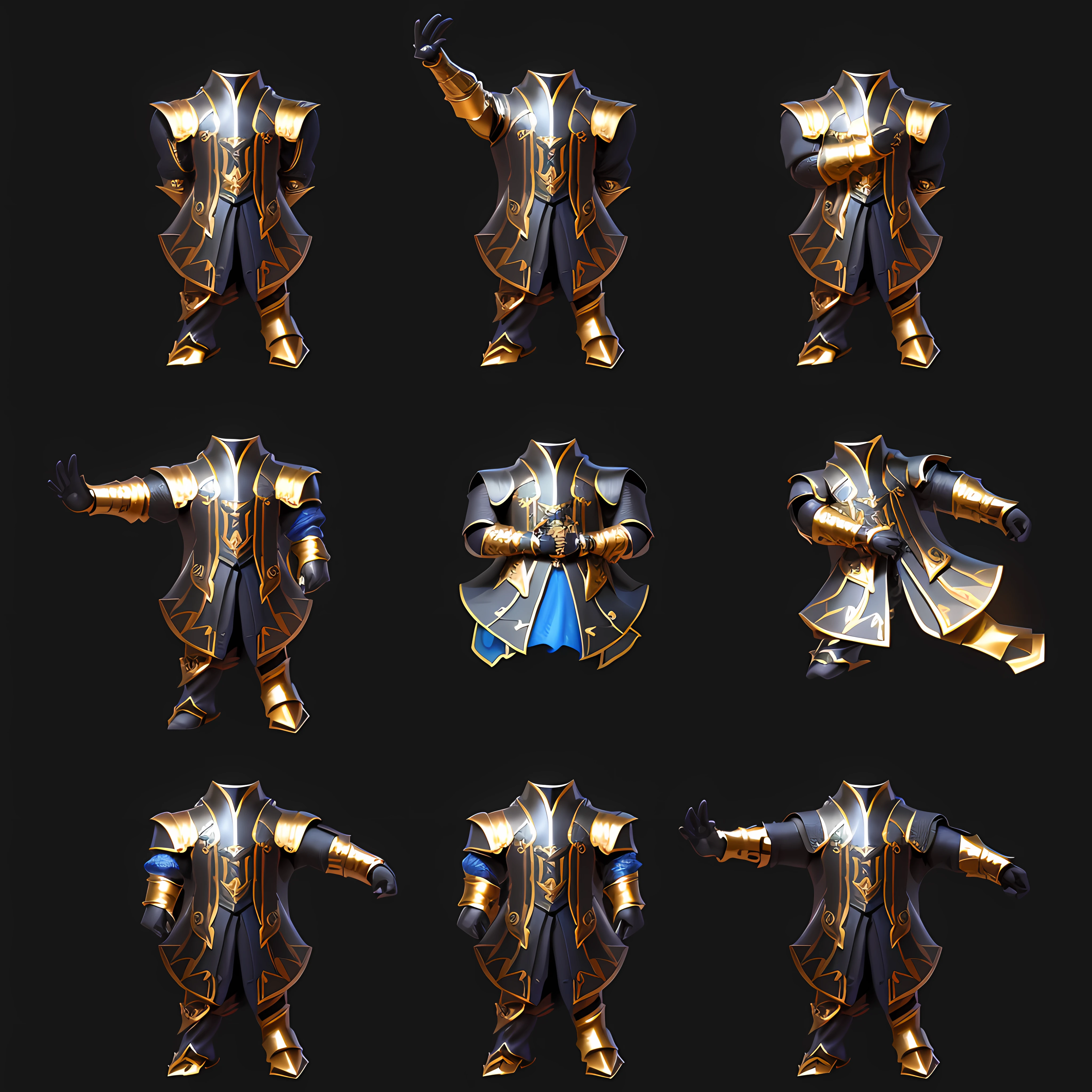 A close-up of a headless dummy wearing armor in different poses， Each pose faces the audience， black and golden armor， T-shaped pose of a male magician，detailed full body concept art，Rendering effect of heavy fantasy armor，High quality HD exquisite warrior image，Game concept art warrior image