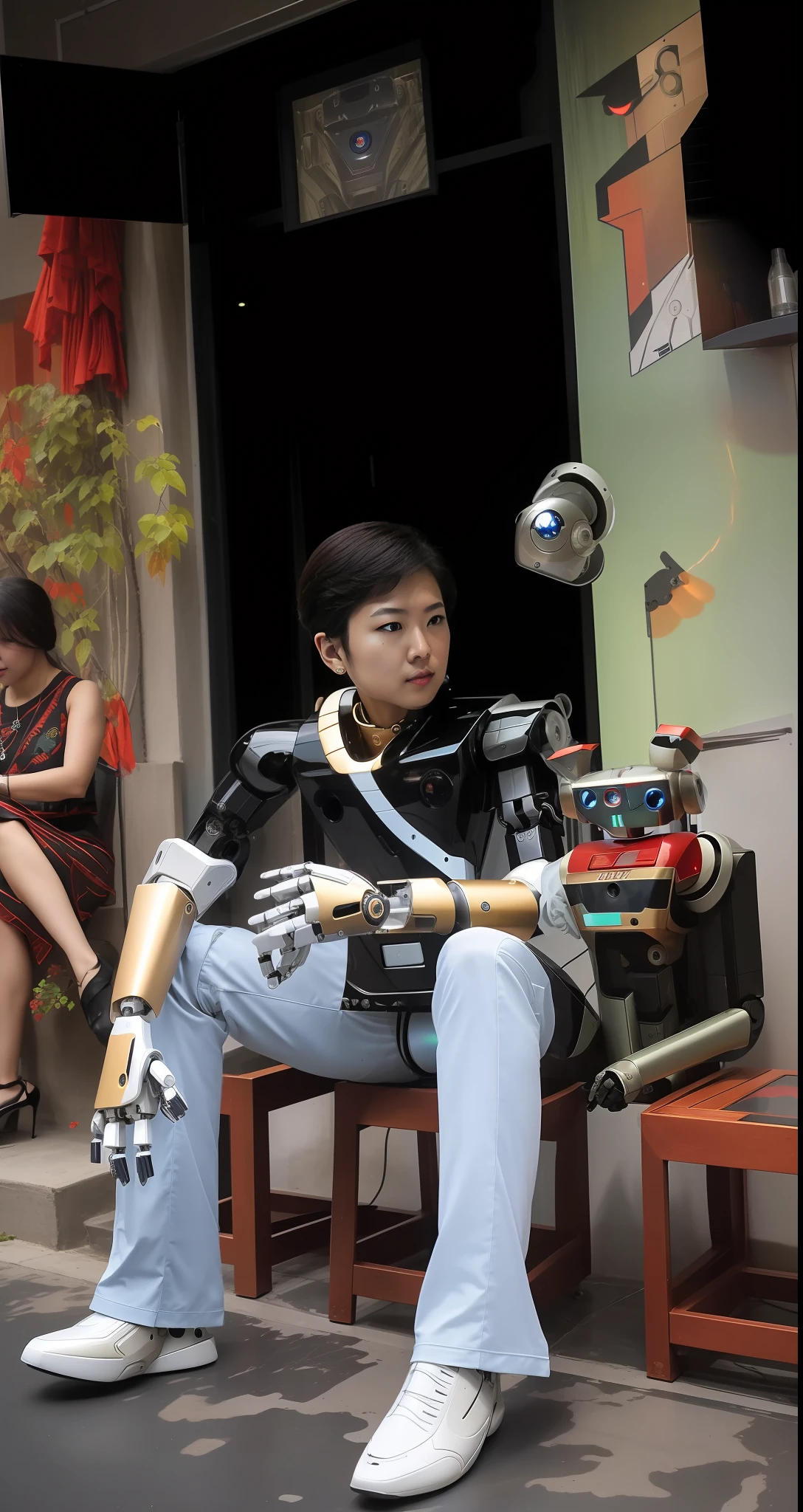 ((masterpiece)), a (((robot))) with sleek and menacing design, glowing eyes, full body, highly detailed