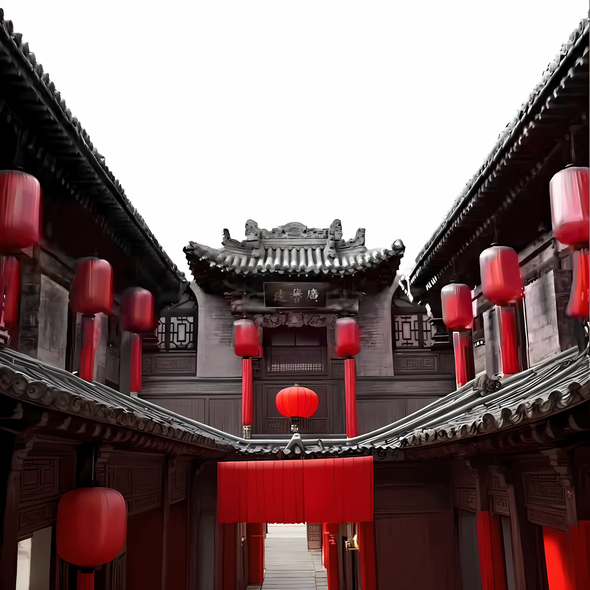 Many red lanterns hang from the ceiling of the building, Chinese architecture, Ancient Chinese architecture, Chinese style, Chinese style buildings, Chinese palaces, Chinese tradition, cyberpunk chinese ancient castle, 480p, 4 8 0 p, Tang Dynasty Palace, inspired by Wang Yi, style of guo hua, with ancient chinese aesthetic, inspired by Gong Xian, video still