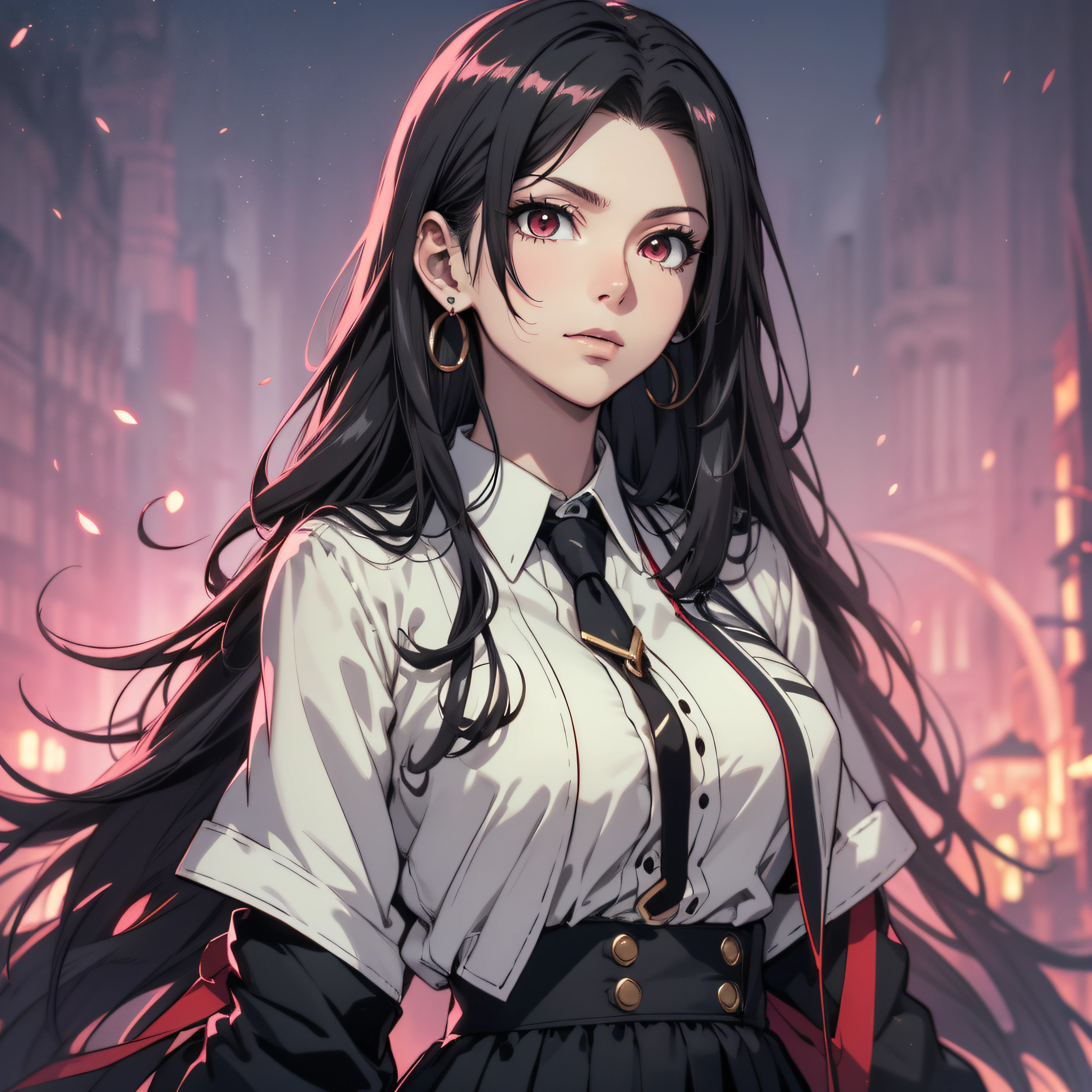 (best quality, masterpiece, ultra-detailed, extremely detailed, highres), (1girl, single, solo), 18 years old Anime girl, long raven hair, slightly wavy hair, parted bangs, Magus, red eyes, earring, long black coat, white shirt, black skirt, necktie, aristocrat, noble attire, beautiful, ethereal, elegant, prestigious, classic