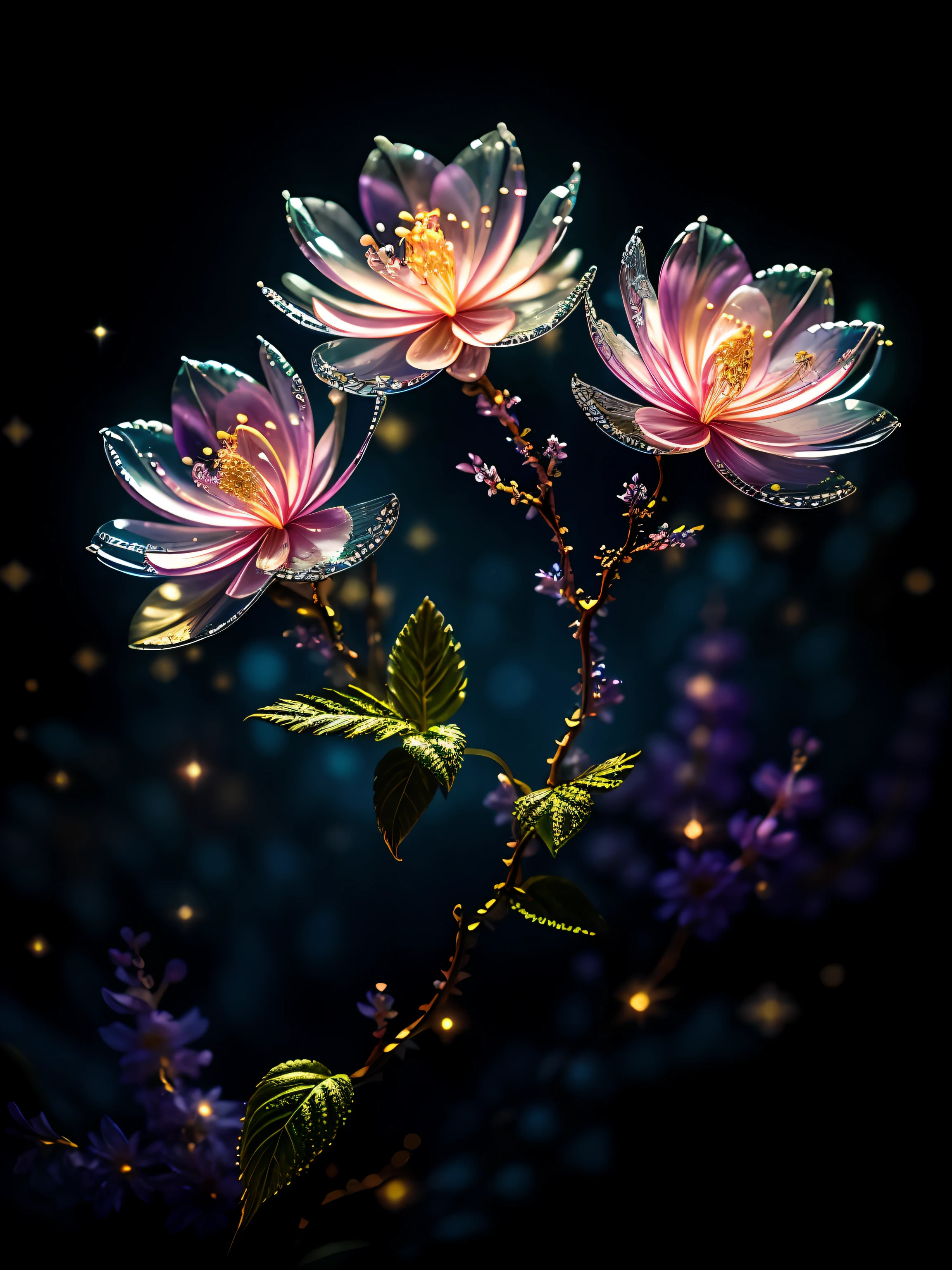 branch of delicate lilac flowers, super transparent, holy light, beautiful spectral light, petals glow, flashing, dark background, drops of transparent light, reflective light, bright, light streaming in, optics, portrait profile, sharp focus, magical, intricate, ultra realistic, fantasy, composition, light, trend on artstation, pearl, patronus cloud of silvery vapor, corrosive enveloping ray family, 8k, ureal ar 23v4 uplight