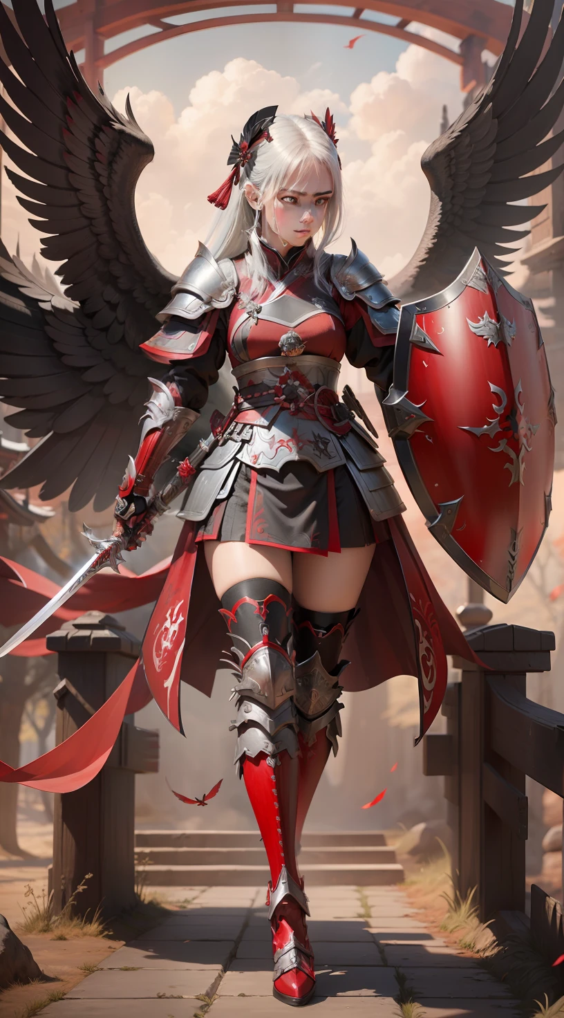 (best quality, masterpiece:1.1), (realistic:1.4), 1girl, beauty natural face, silver hair, dark red sword in right hand, red and black heavy shield in left hand, shogun armor, using shogun helm, red and black 6 wings, ultra detailing