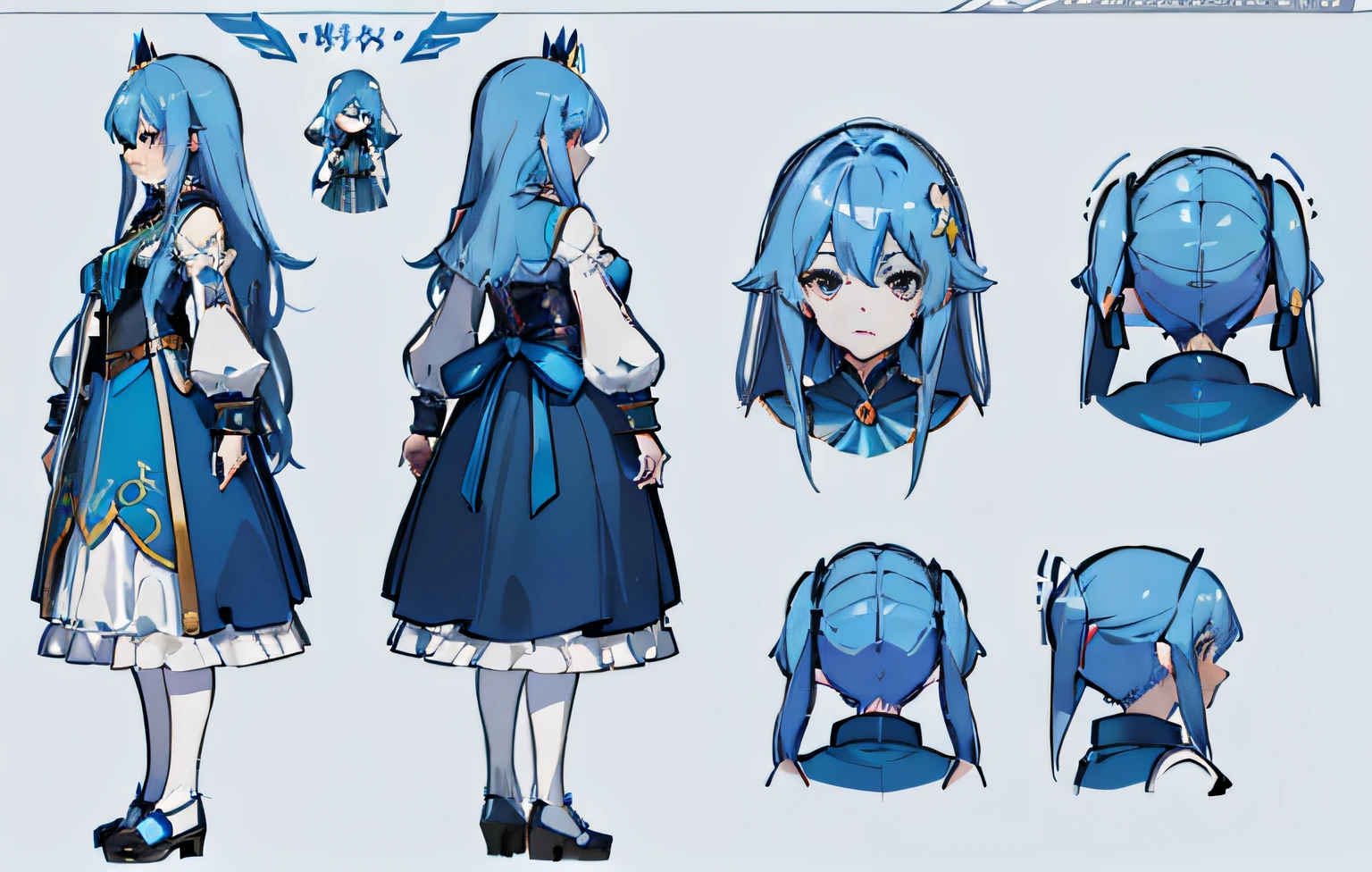 1人, reference sheet, (Fantasy character design, Front, back, Side) girl, princess, blue long hair, blue dress, royal, masterpiece, top quality, best quality)