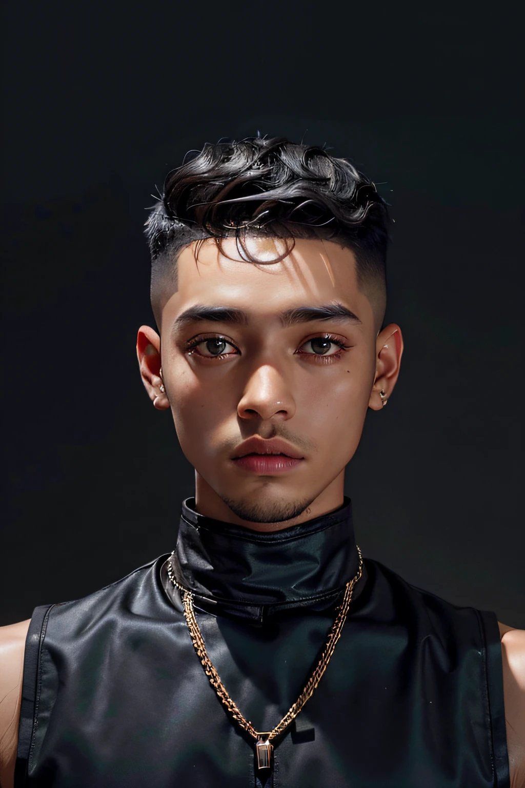 a 30 yo man,(hi-top fade:1.3),long hair,dark theme, soothing tones, muted colors, high contrast, (natural skin texture, hyperrealism, soft light, sharp),