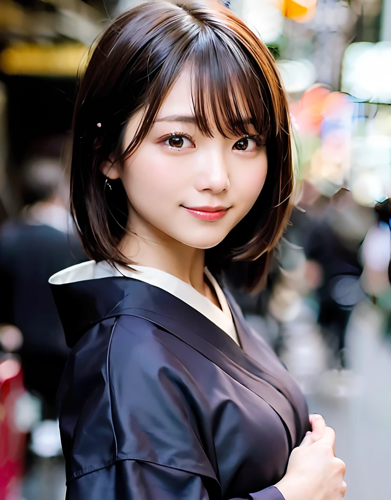 (top-quality、hight resolution、​masterpiece:1.3)、Pretty women、slender figures、dark brown hair、Kimono、(Gion Street)、Highly detailed facial and skin texture、A detailed eye、二重まぶた、Big smile