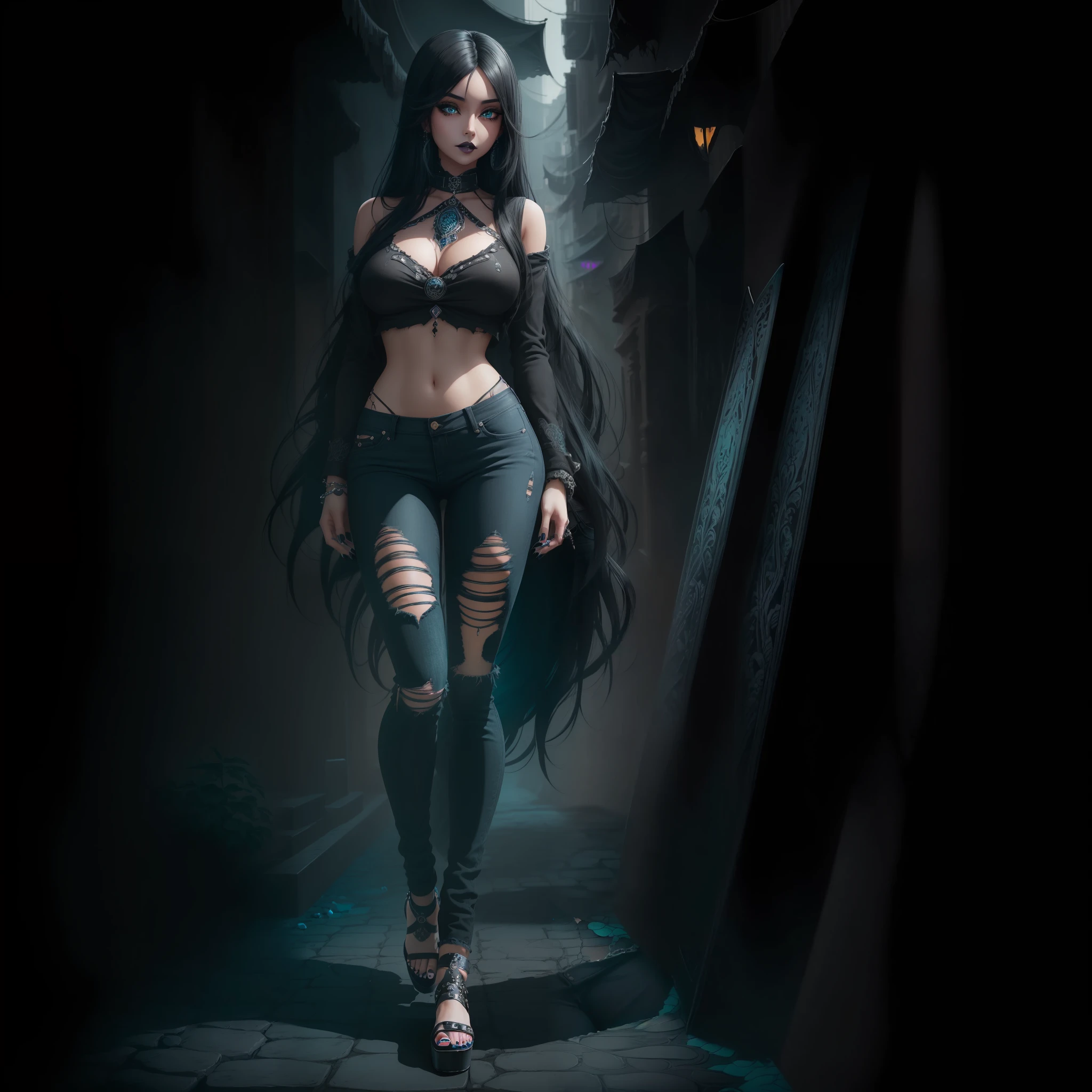 Cute girl with Long black hair, black lipstick, black nails, 8k, highly detailed, masterpiece, cyan bra, looking at viewer, blue jeans, tight jeans, torn jeans, black toenails