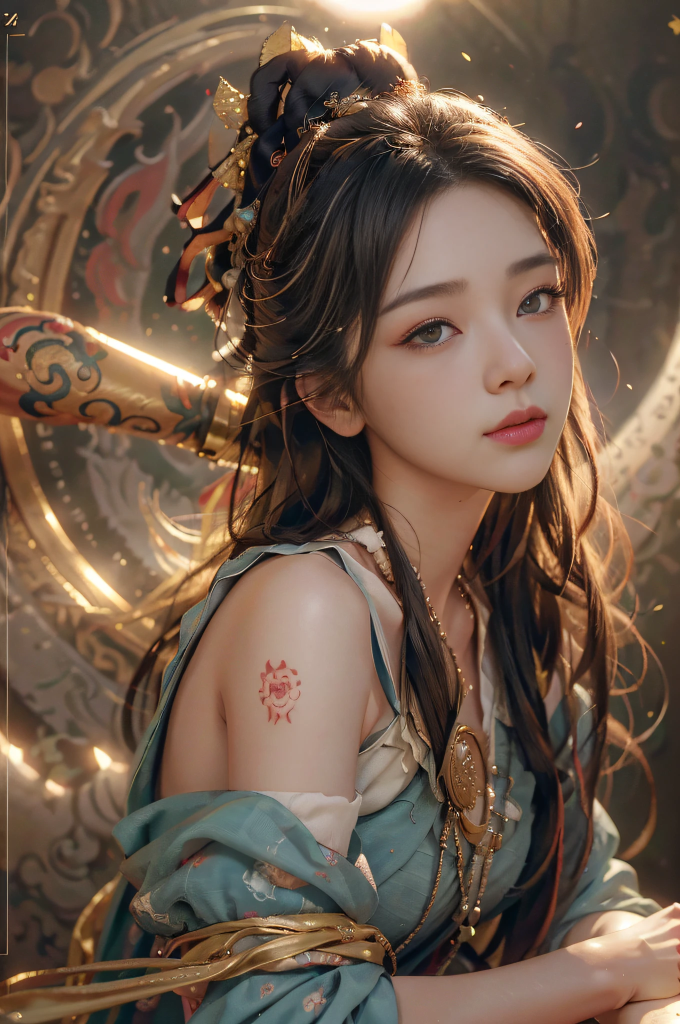 (RAW photo, best quality), (realistic, photo-realistic:1.3),best quality,highly detailed,masterpiece,ultra-detailed,illustration,1girl,upper_body,dynamic angle,world masterpiece theater,messy_long_hair,best quality,extremely detailed CG unity 8k wallpaper,ink,Amazing,cinematic lighting,lens_flare, dunhuang_style