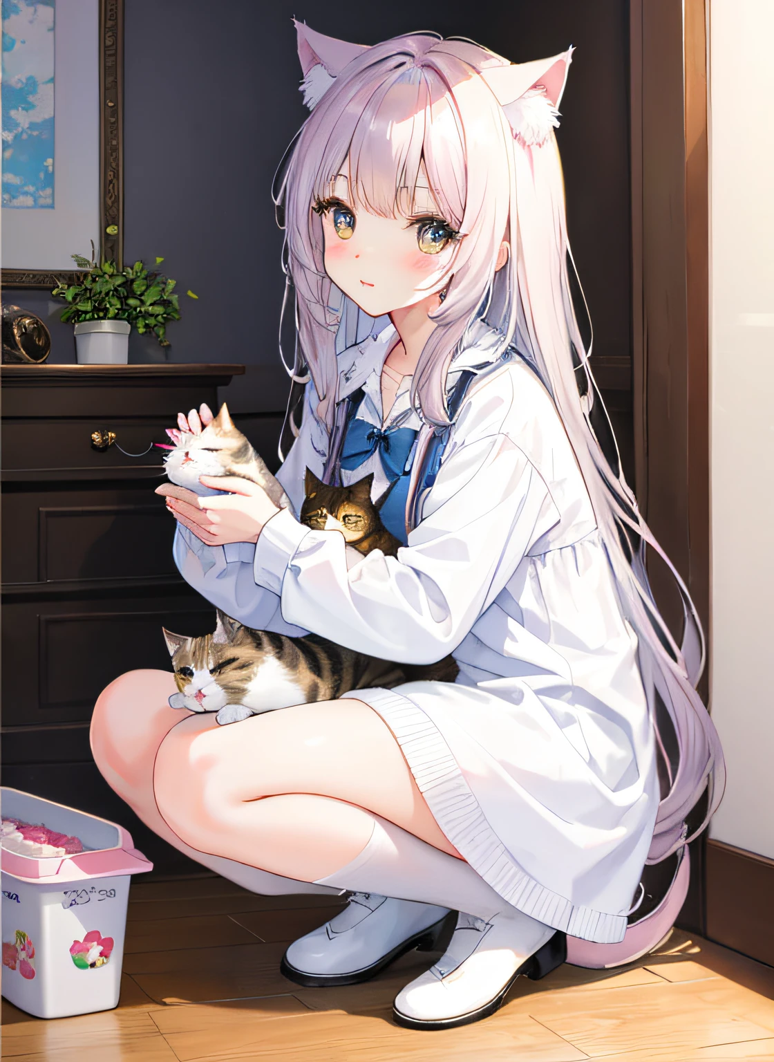 (neko girl),hold a cat, cute, full of cats, ( full body), Cat litter boxes, cat paintings on the wall, (detailed face),