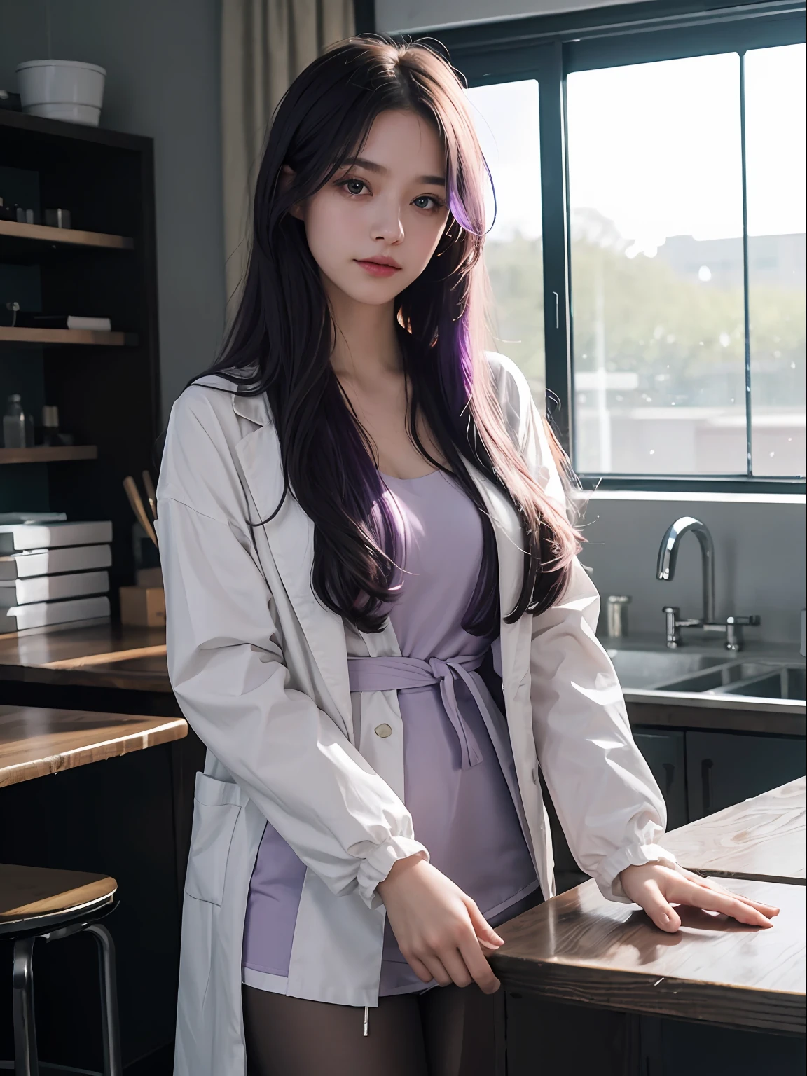 (Best Quality, 8K, 32K, masutepiece, nffsw:1.2), hight resolution, Convoluted, Sharp Focus, detailed costume, beautiful detailed hair, DELICATE DETAILS, 1 girl, Solo, {researcher}, Unhealthy, Lab Work, White coat, Black tights, Evil smile, {{dark circles under the eyes}}, Lack of light in the eyes, Thinking, Beautiful purple eyes, Messy long purple hair, Slouching, {Inside the science lab},In a dark room, silhuette, light Particle, bags under eyes