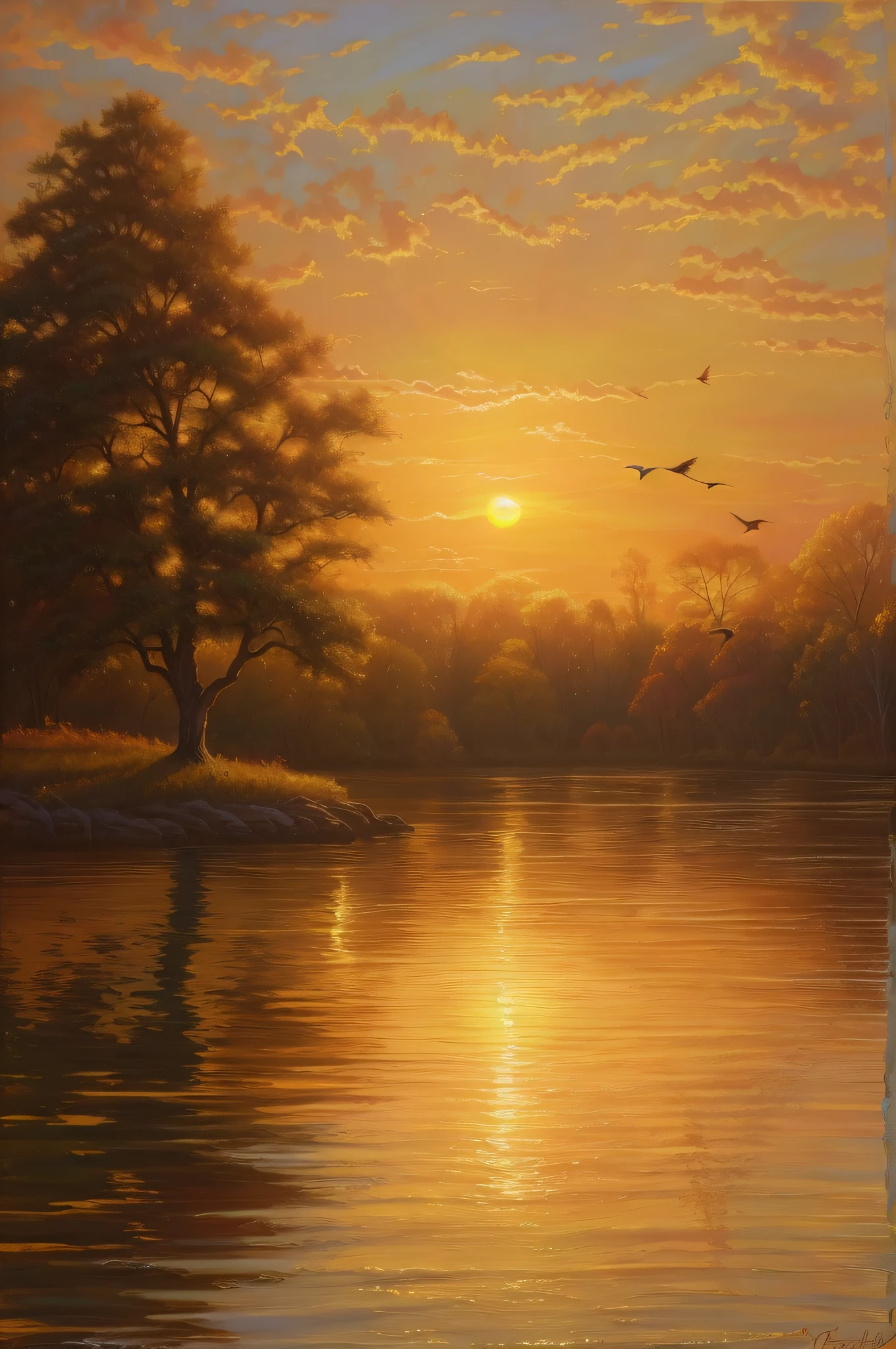 Depict the sunset with a tree and a bird flying over the water, Twilight ; digital oil painting, warm beautiful scene, peaceful landscape, inspired by mark keathley, Golden sunset, oil digital painting, beautiful digital painting, Twilight ; Digital painting, autumn sunset, golden hour scene, peaceful scene, soft golden light, close scene, Beautiful oil matte painting