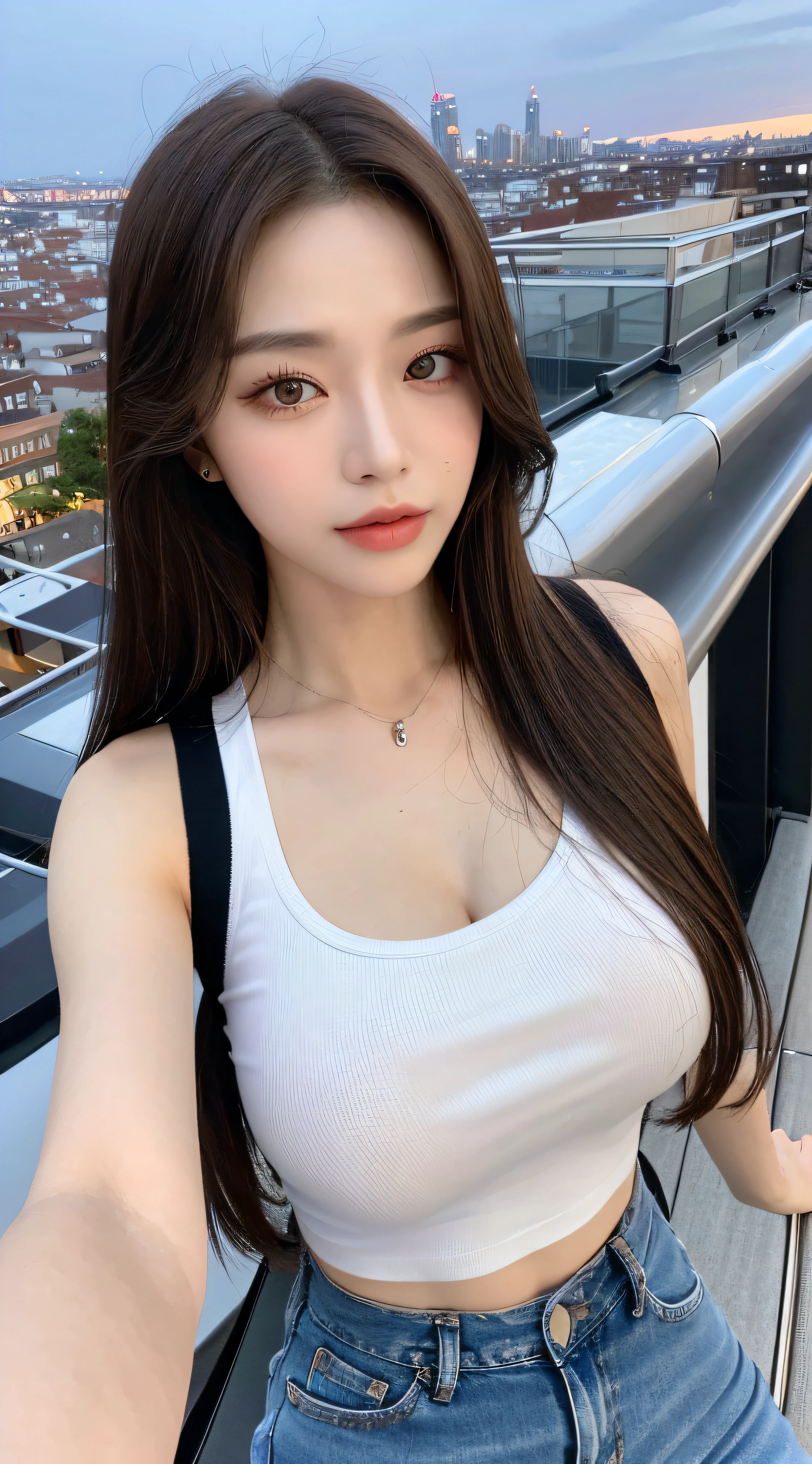 ((Midnight, Best quality, 8k, Masterpiece :1.3)), Whole body, Long legs, Sharp focus :1.2, A pretty woman with perfect figure :1.4, Slender abs :1.1, ((Dark brown hair, Big breasts :1.2)), (White tight tshirt, Jean bib, Standing:1.2), ((Night city view, Rooftop:1.3)), Highly detailed face and skin texture, Detailed eyes, Double eyelid