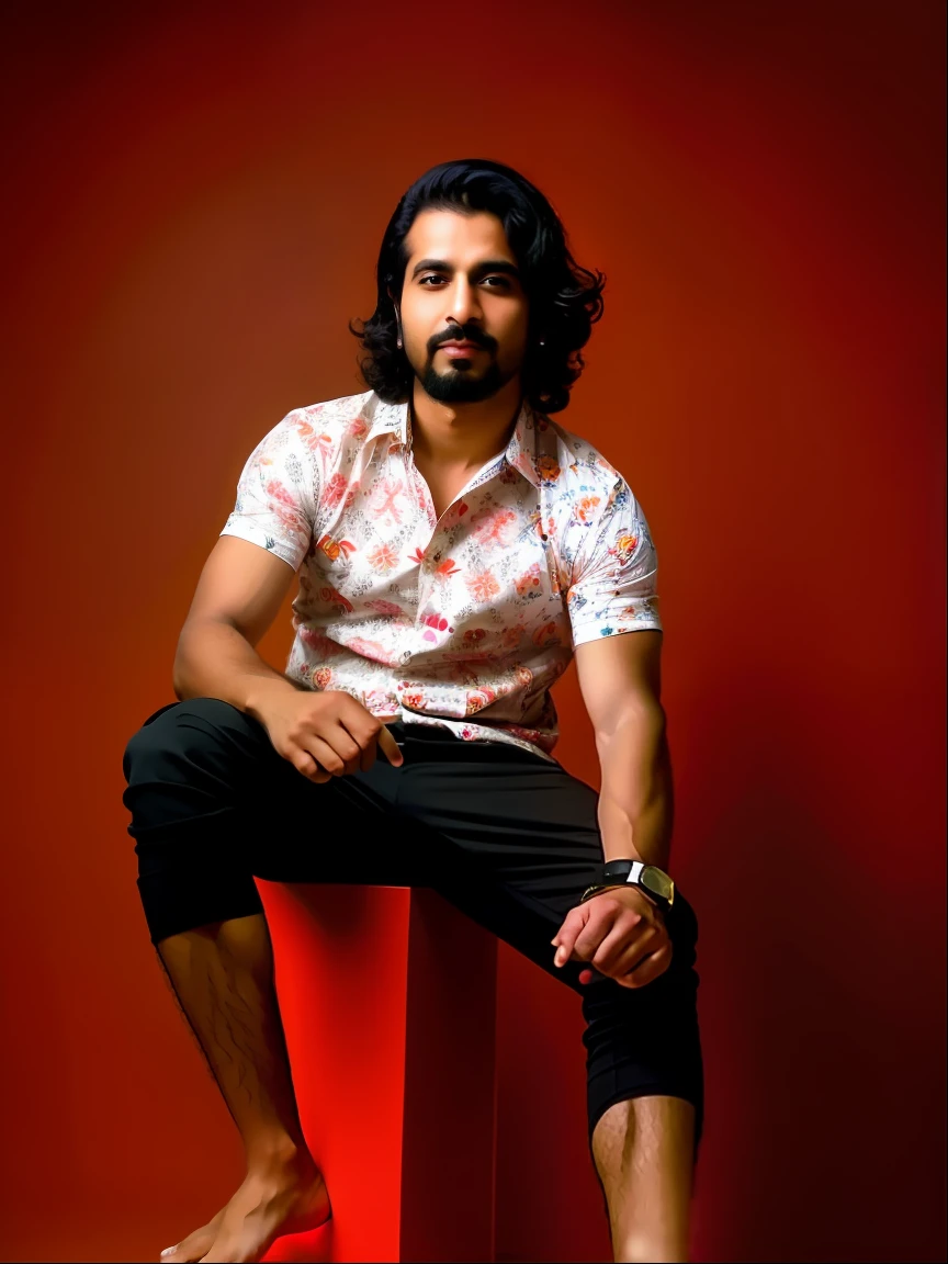 arafed man sitting on a stool with his feet crossed, enes dirig, inspired by Bikash Bhattacharjee, full body photogenic shot, with a cool pose, stylish pose, emad mostaque, full body portrait shot, profile pic, inspired by Saurabh Jethani, inspired by Kailash Chandra Meher, in front of a black background