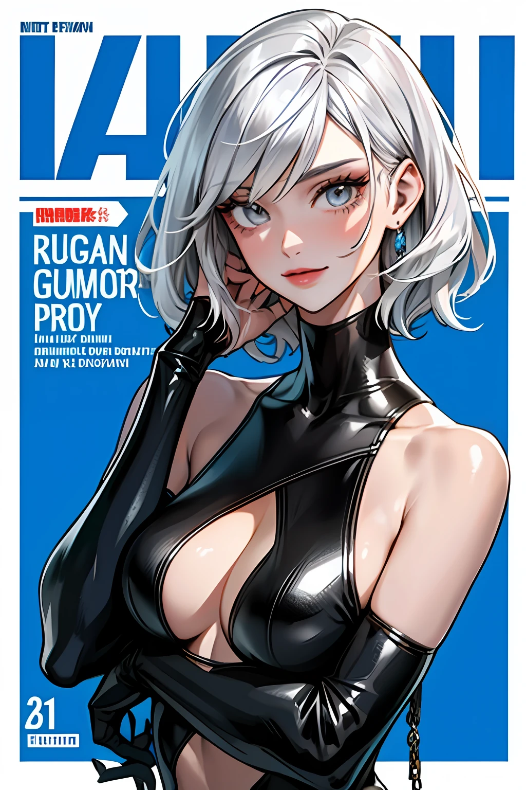 (MagazineCover:1.3),(originals:1.2),Extremely detailed magazine cover style digital painting, (Magazine cover style illustration of fashionable women dressed vibrantly), Abs, adding a touch of fantasy to the scene, The cover text should be bold and eye-catching,Plus the title of the magazine and the catchy headline,(tmasterpiece,top Quority,best qualtiy,offcial art,Beauty and aesthetics:1.2),(1girll:1.3),Fault art,(Digital distortion),Pixelate fragments,corrupted data,Color noise,visual chaos,contemporary aesthetics,short detailed hair,silvery white hair,Mean smile, High-top swimsuit,cyber punk style,looking to the camera, Side lighting, Makeup, Makeup,