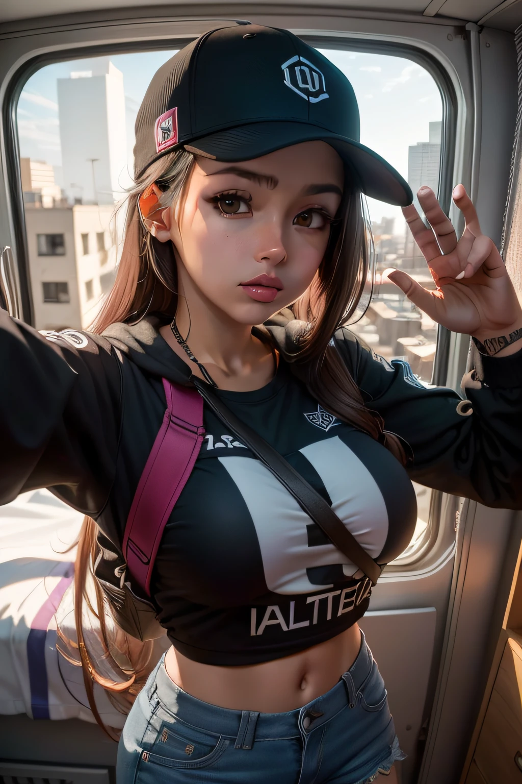 Selfie| Disparo desde arriba| Plano medio| streetwear| mujer joven| acostada boca arriba| en una cama| curva| medium breast size