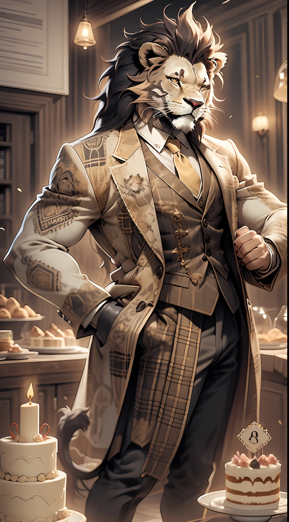 A lion-headed man in a suit holds a birthday cake,High quality ultra-fine illustration, Realistic and elegant action, Subtly reflects light、vibrancy、energy、Elegant coat, luxury goods, Be in harmony with the space, Passionate expressiveness(Birth Day Party, Party, The light from the back window is backlighted)(Highly detailed beautiful face and eyes)absurderes, Perfect anatomy((Lion Man, solofocus, Sharp focus)) (hairy pubic, tailcoat) (furry anthro:1.7) ((((hairy bodies, Male lion facial features, Physical characteristics of a male lion)))) ((Image of a lion,Very detailed fur))full bodyesbian,Invincible smile with positive image(sportrait)