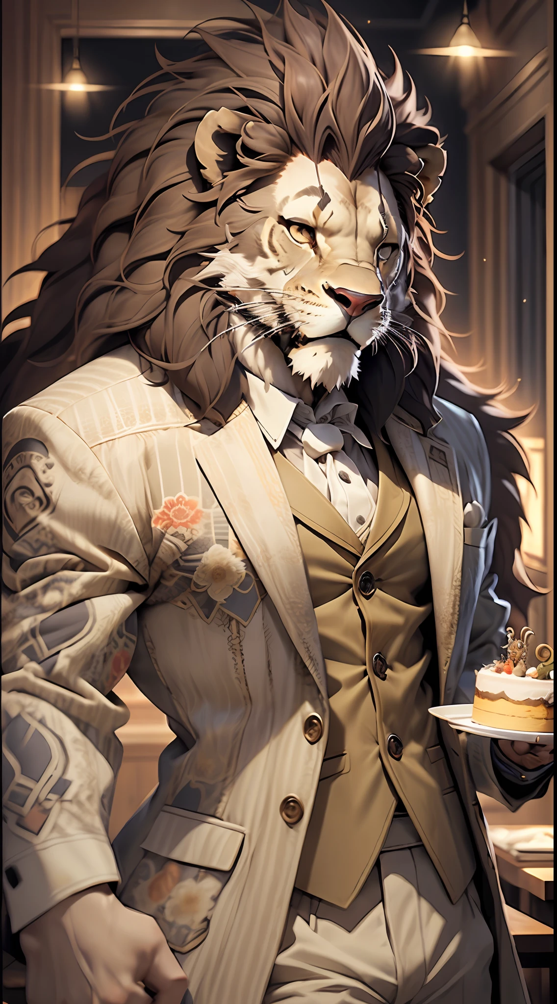 A lion-headed man in a suit holds a birthday cake,High quality ultra-fine illustration, Realistic and elegant action, Subtly reflects light、vibrancy、energy、Elegant coat, luxury goods, Be in harmony with the space, Passionate expressiveness(Birth Day Party, Party, The light from the back window is backlighted)(Highly detailed beautiful face and eyes)absurderes, Perfect anatomy((Lion Man, solofocus, Sharp focus)) (hairy pubic, tailcoat) (furry anthro:1.7) ((((hairy bodies, Male lion facial features, Physical characteristics of a male lion)))) ((Image of a lion,Very detailed fur))full bodyesbian,Invincible smile with positive image(sportrait)