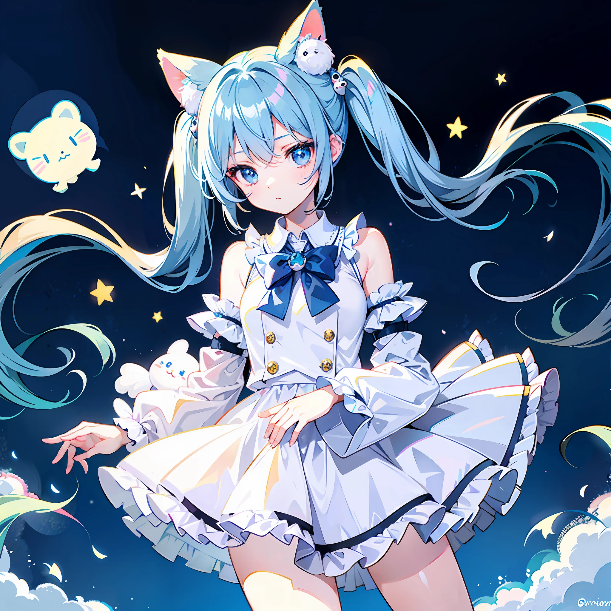 1girll, Solo, Cinnamiku, Blue hair, Blue eyes, Hair rings, Hair Bow, (Blue bow), (cinnamoroll, tied ears, sanrio, 1other, organism:1.2), Black sleeves, Bare shoulders, a blue tie, Wide sleeves, Collared shirt, Detached sleeves, tiese, a blue tie, frilled collar, frilly shirt, Fancy, kawaii, Cowboy shot, microphones,