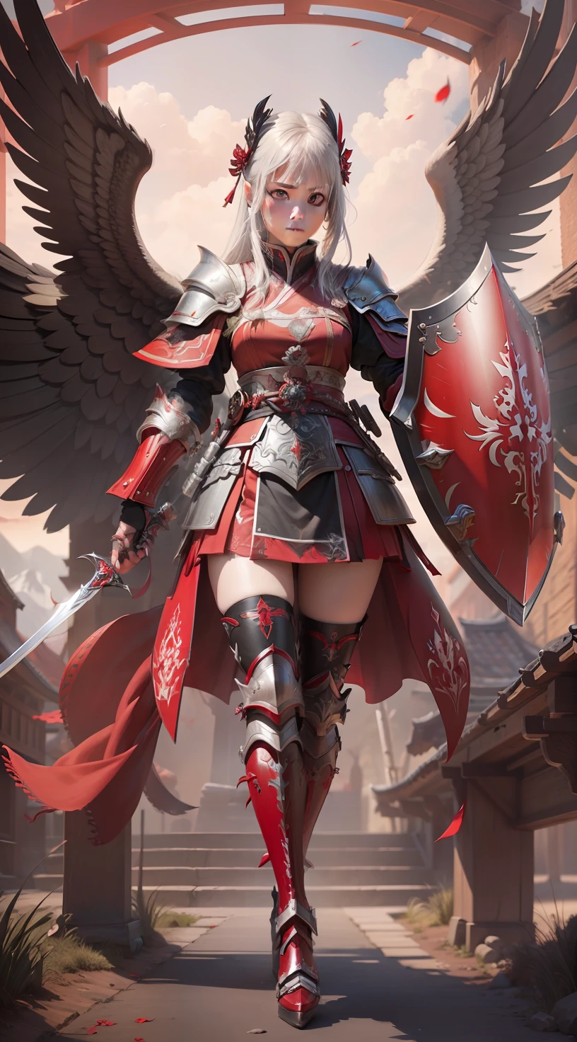 (best quality, masterpiece:1.1), (realistic:1.4), 1girl, natural face, silver hair, dark red medium sword in right hand, red and black heavy shield in left hand, shogun armor, using shogun helm, red and black 6 wings, ultra detailing