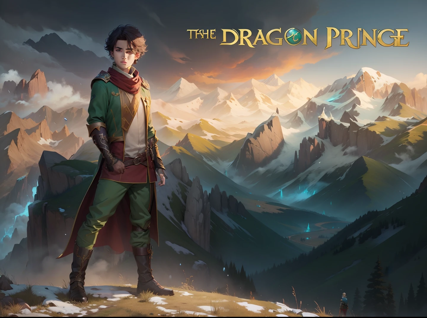 Boy become prince callem from The Dragon Prince Netflix series, Snow mountain's on background, he stand on green mountain, inspired by Netflix dragon Prince series, Realistic and enhance, make it Realistic and detailed, 8k