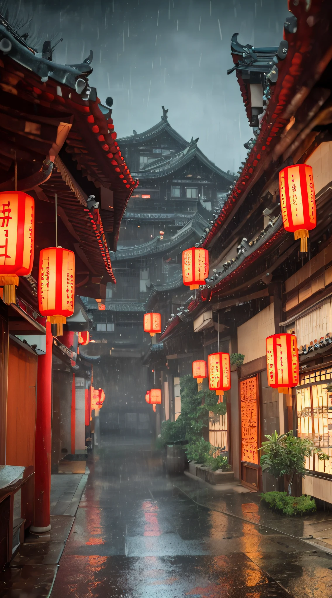 arafed view of a village with a lot of lights on the buildings, dreamy chinese town, chinese village, amazing wallpaper, japanese town, japanese village, hyper realistic photo of a town, old asian village, japanese city, by Raymond Han, rainy evening, cyberpunk chinese ancient castle, beautifully lit buildings, at evening during rain, beautiful and aesthetic, photography, cinematic, 8k, high detailed ((Heavy rain)))
