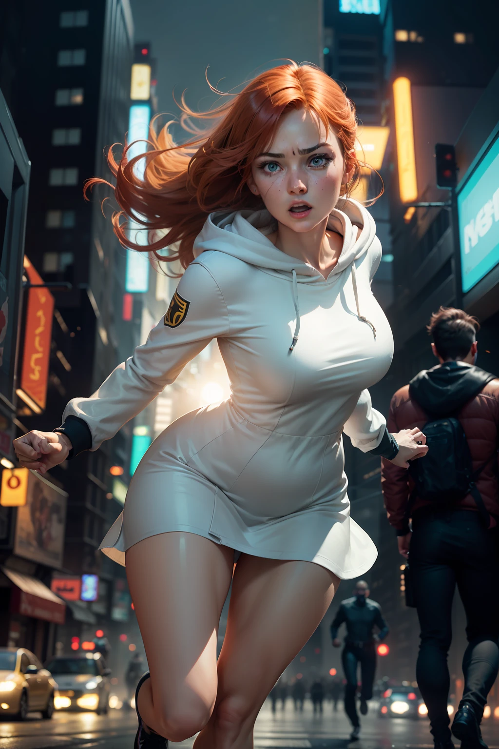 Close up image of 2 subjects, 1girl with auburn colored hair, wearing long sleeve white dress with hood, (running towards camera), (woman looks scared), frightened, running for her life, running away from man wearing armor, getting grabbed by man, down a dirty city alley, futuristic city at (night:1.4), blue and yellow neon signs, chase scene, action scene, thick outlines, comic book style, dynamic camera angle, realistic skin, realistic hands, perfect hands, action lines, motion blur background