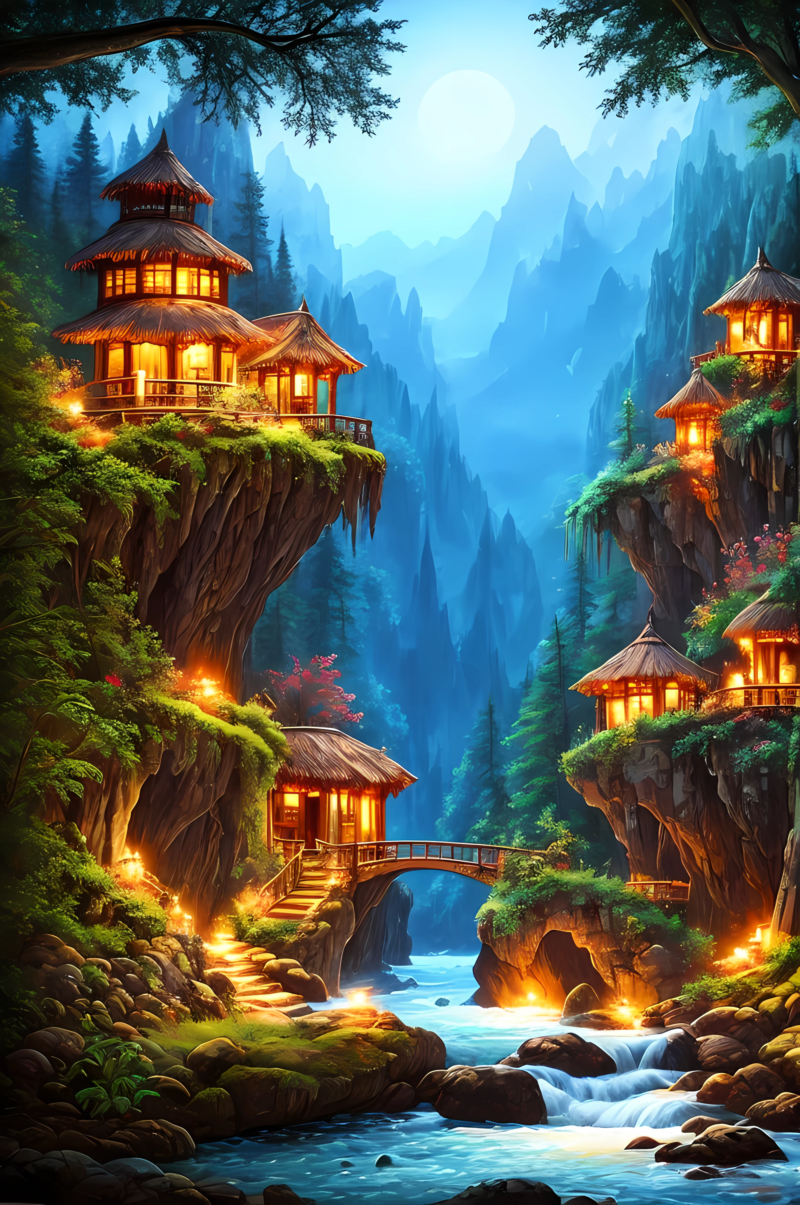 best quality, masterpiece, beautiful wild and natural fantasy landscape with glowing lights