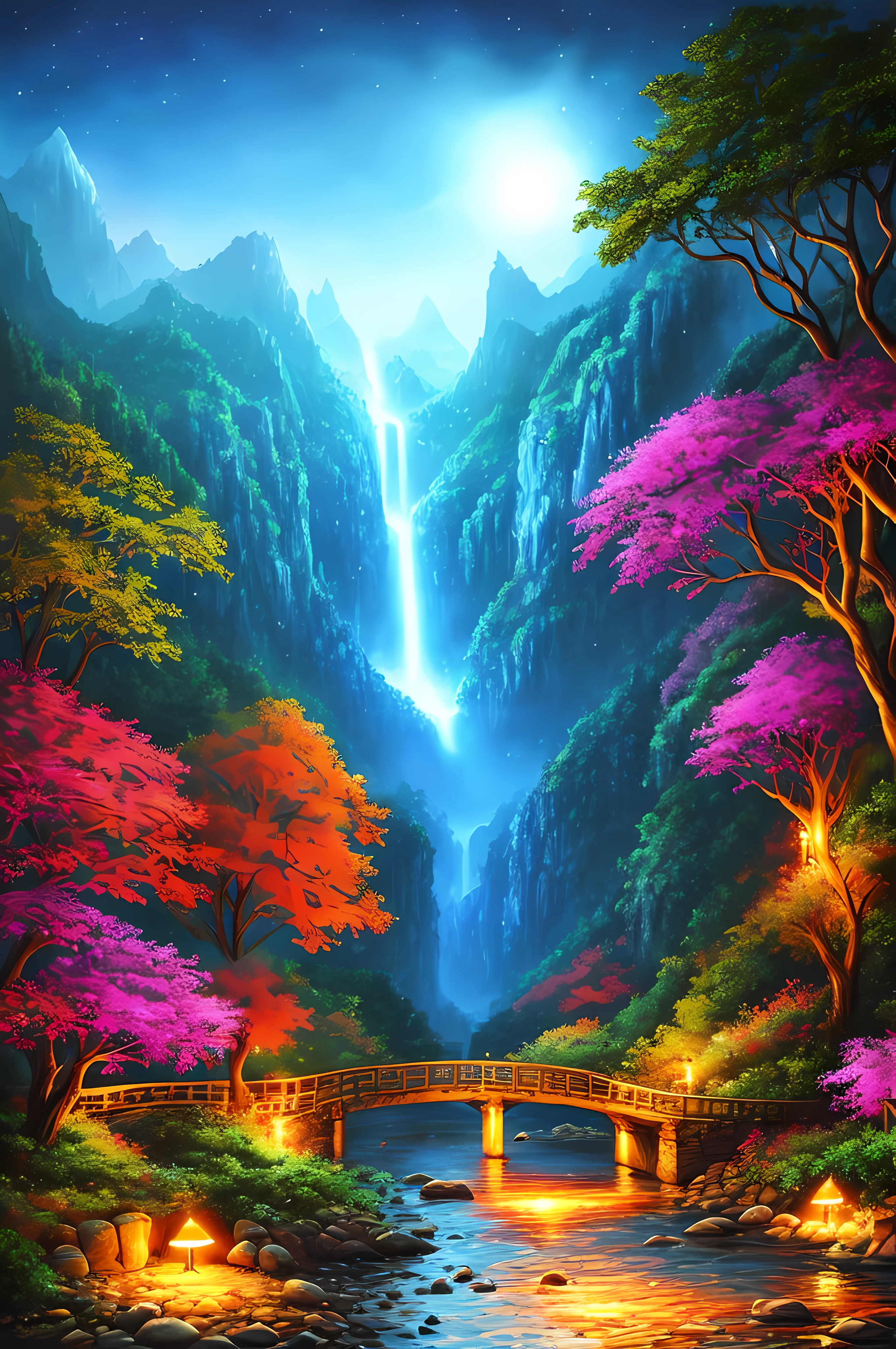 best quality, masterpiece, beautiful wild and natural fantasy landscape with glowing lights