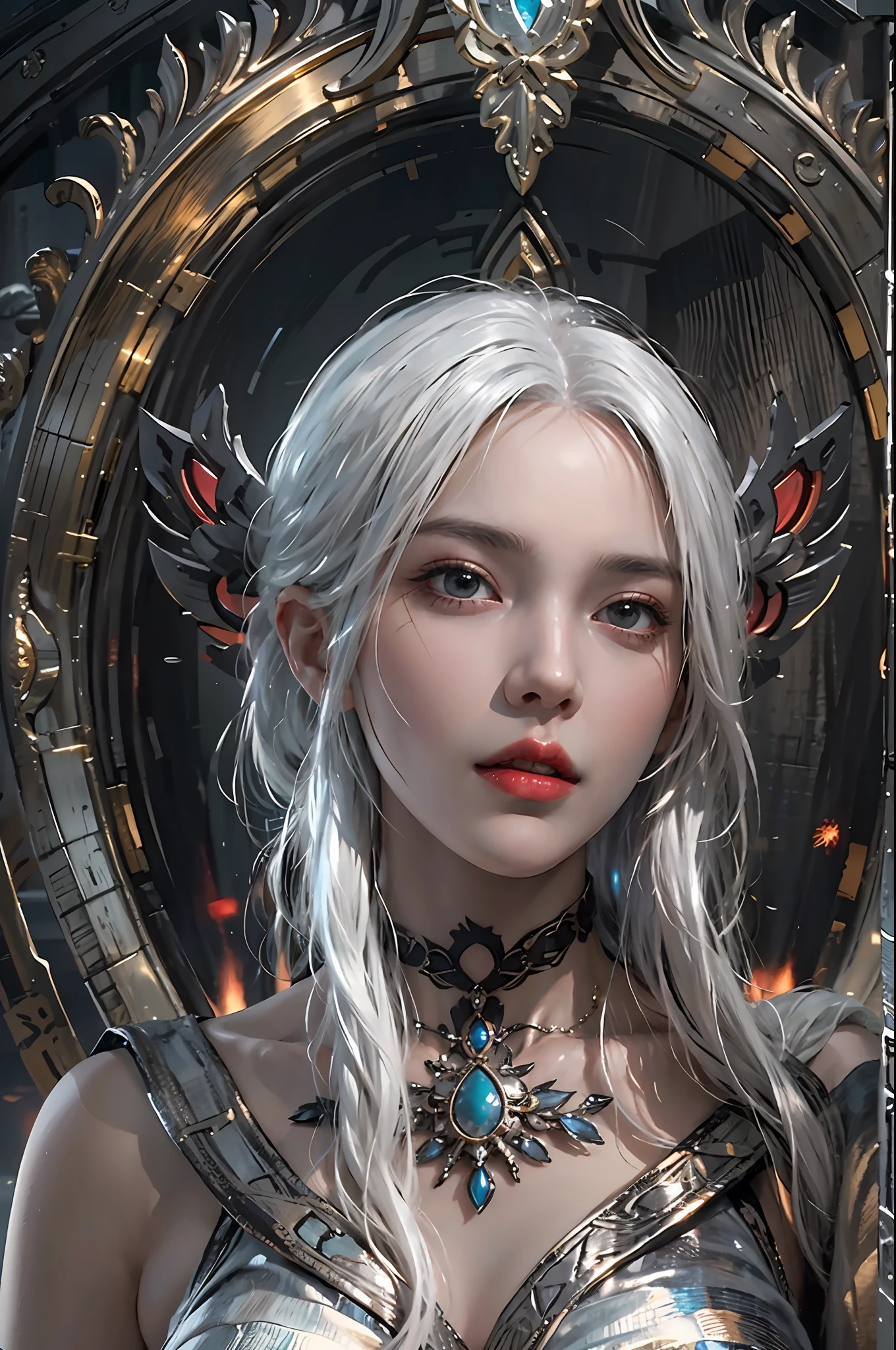 photorealistic, high resolution, 1women, solo, hips up, look at viewer, (detailed face), white hair, sorcerer, dark souls style, fighting, jewelry