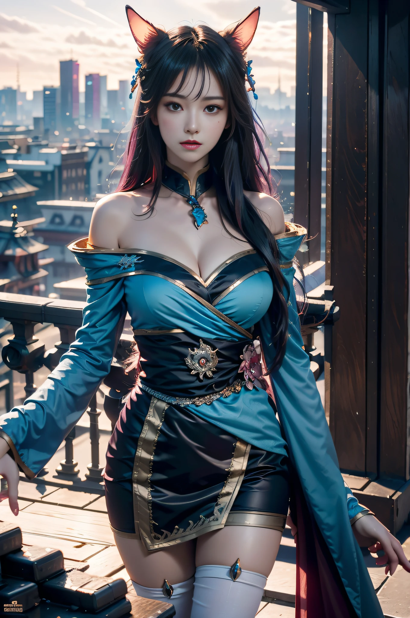 a woman with long hair standing on top of a building, in front of a fantasy city, 2. 5 d cgi anime fantasy artwork, city in the background, 8k high quality detailed art, 3 d render character art 8 k, badass anime 8 k, fanart best artstation, with a city in the background, set in tokyo rooftop