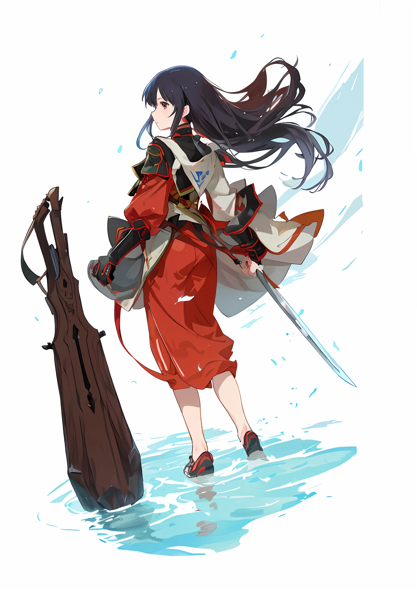 Anime characters with sword and red clothes in the water, Anime girl walking in mountains and water