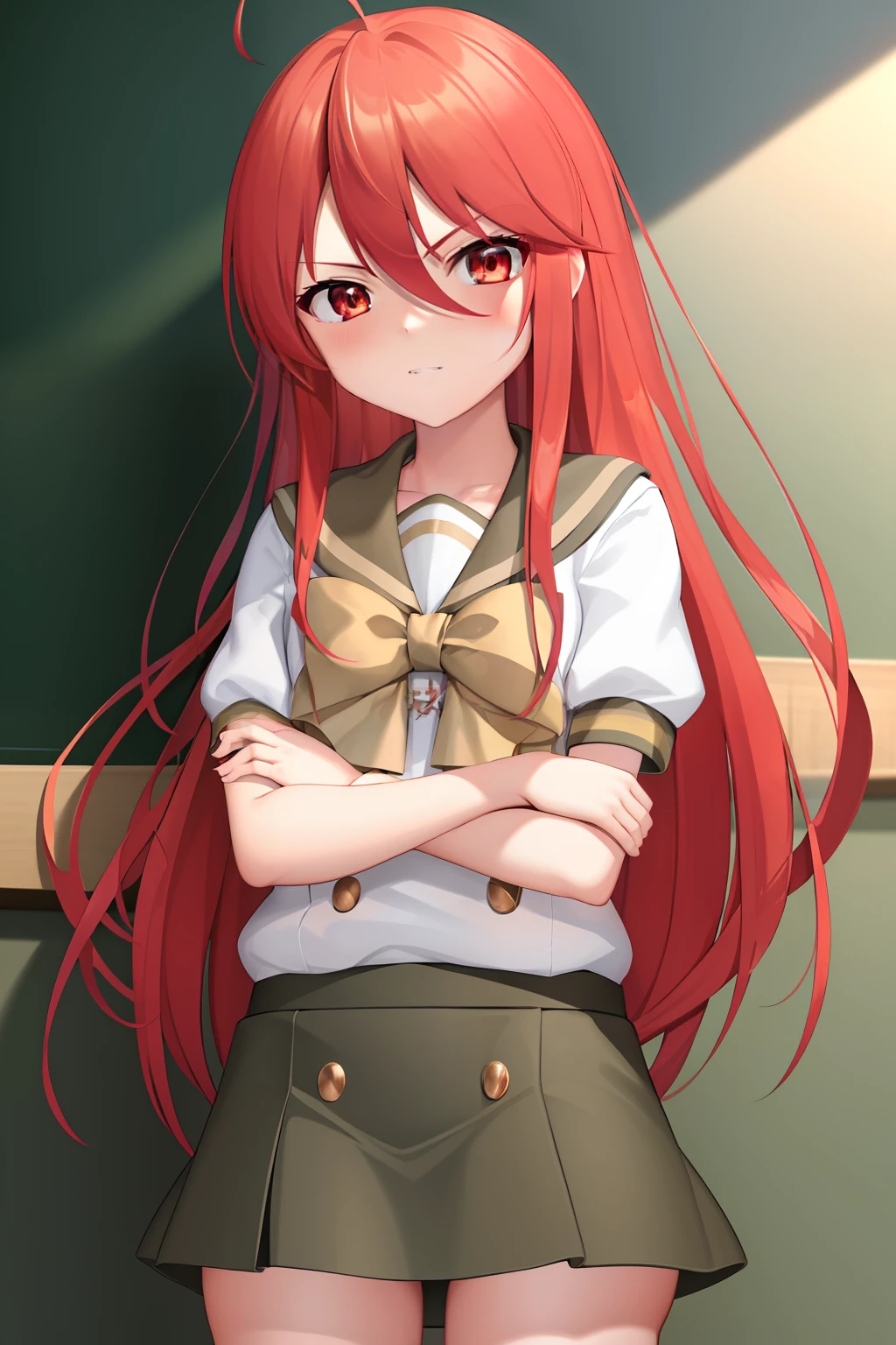 masterpiece, best quality,extremely detailed CG unity 8k wallpaper, 
1girl,shana,red hair,red eyes,short sleeves school uniform,crossed arms,ahoge,