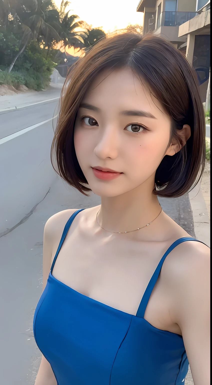 ((Best Quality, 8K, Masterpiece: 1.3)), Focus: 1.2, Perfect Body Beauty: 1.4, Buttocks: 1.2, (Layered Haircut: 1.2)), (Dark Street: 1.3), Highly Detailed Face and Skin Texture, Fine Eyes, Double Eyelids, Whitened Skin, Long Hair, (Round Face: 1.5), (Blue Bandeau Dress: 1.6) Outdoor, Lovers Island Resort, Beach