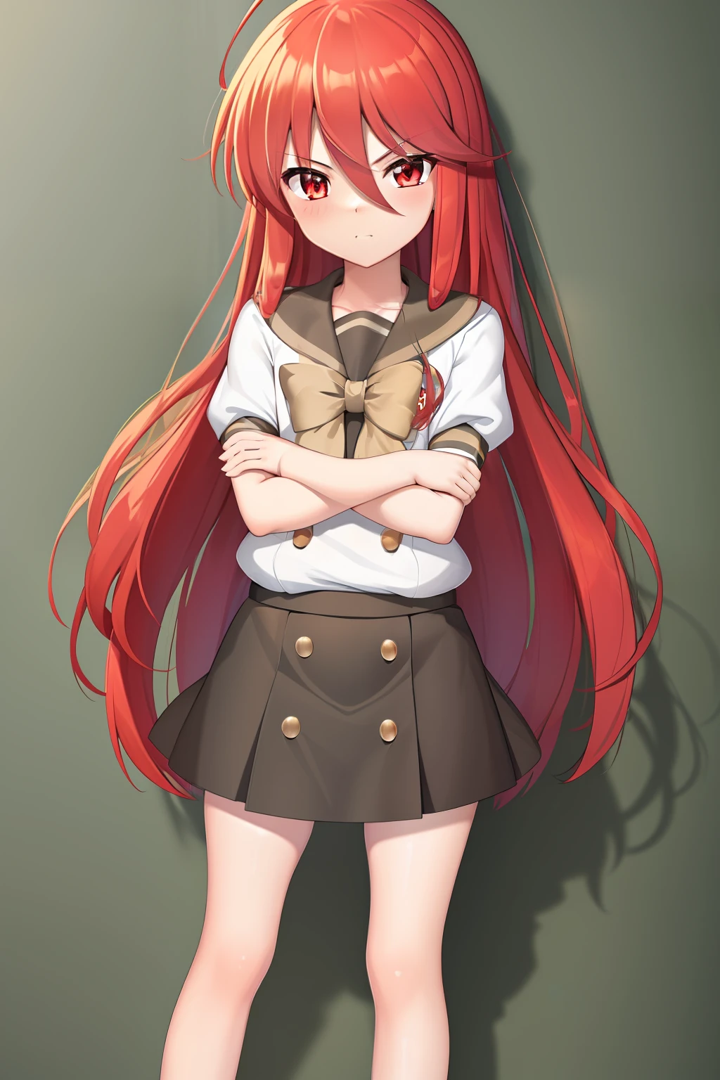 masterpiece, best quality,extremely detailed CG unity 8k wallpaper, 
1girl,shana,red hair,red eyes,short sleeves school uniform,crossed arms,ahoge,