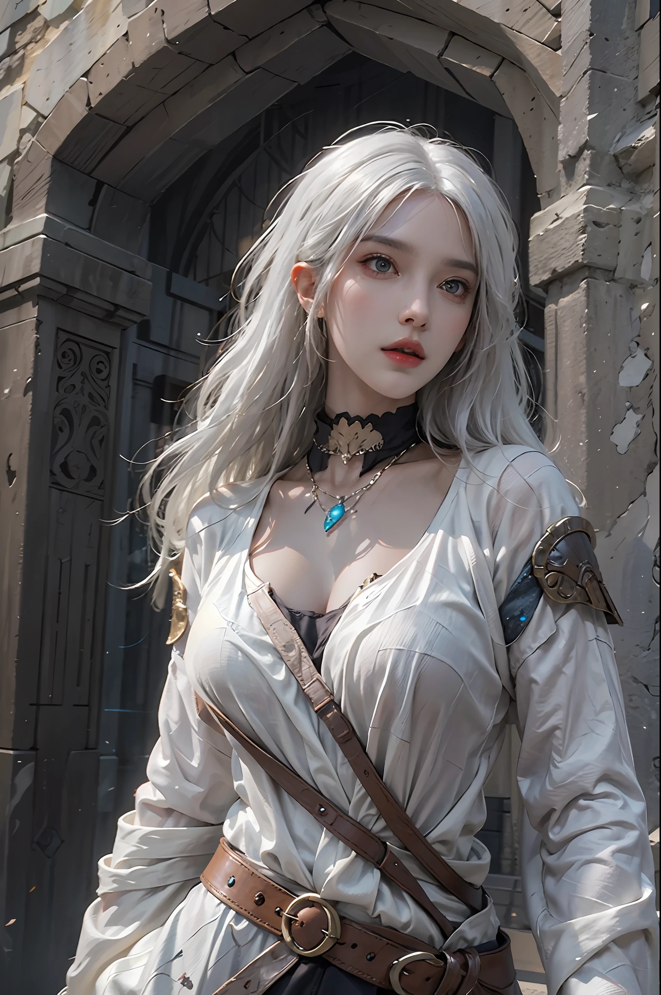 photorealistic, high resolution, 1women, solo, hips up, look at viewer, (detailed face), white hair, sorcerer, dark souls style, fighting, jewelry