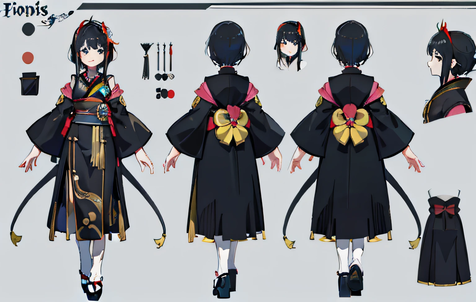 1人, reference sheet, (Fantasy character design, Front, back, Side) girl, princess, long black hair, kimono, koi