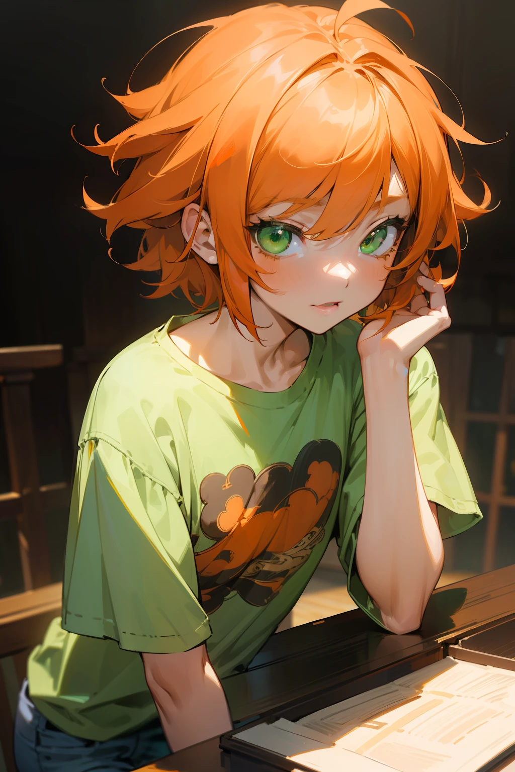 (masterpiece, best quality), intricate details, 8k, sharp focus, (bokeh) (best quality) (detailed skin:1.3) (intricate details) (8k) (detailed eyes) (anime) (perfect face) orange hair, green eyes, happy, messy hair, short hair, energetic, fun, modern, girl, slim, loose clothing, casual, messy, cute, T-shirt, long pants