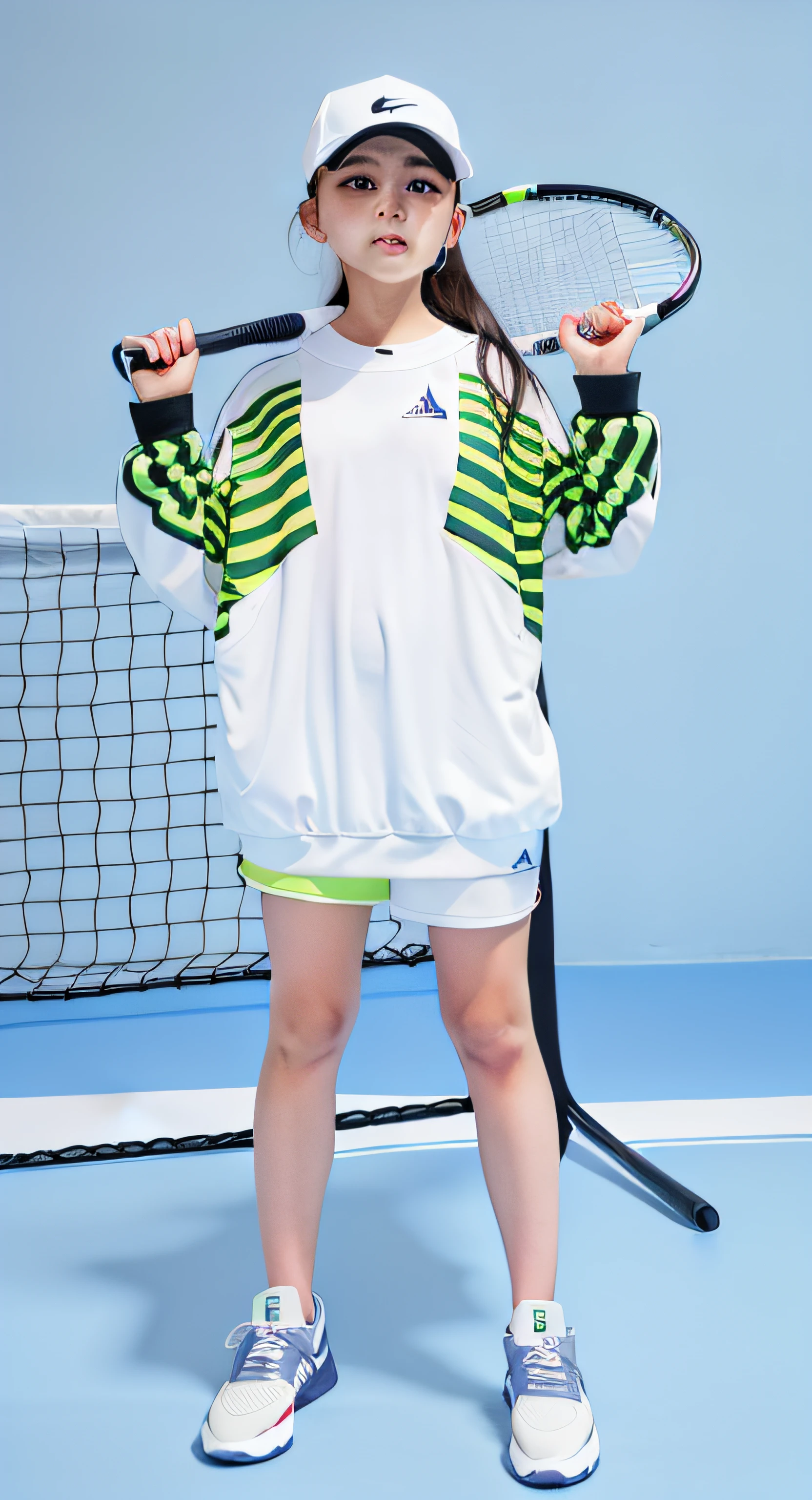 Holding a tennis racket,Alafard girl in a white shirt, tennis wear, on the tennis coat, wearing track and field suit, jia, a girl playing tennis, 2 0 2 0 fashion, sport outfit, ji-min, 🤬 🤮 💕 🎀, cover shot, jung gi kim, sport outfit, full lenght shot, sun yunjoo