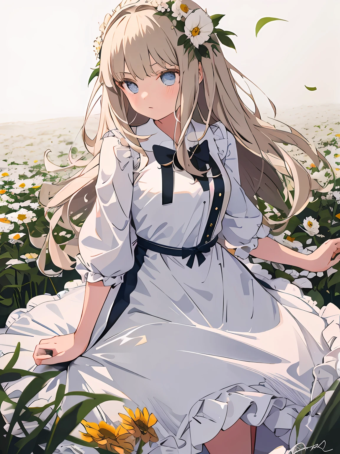 Masterpiece, best quality, girl in soft clothes, girl looking at the endless flower field