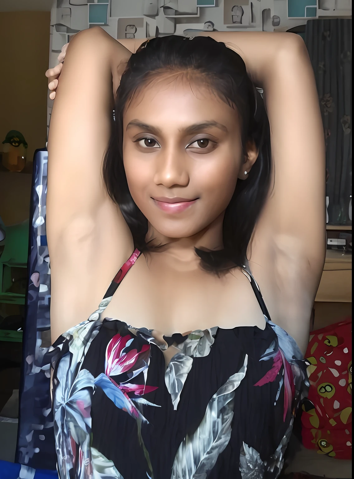 there is a woman that is posing for a picture in a room, armpit, indian girl with brown skin, she is about 16 years old, hairy arms, with arms up, flat chested, pretty face with arms and legs, posing in a bedroom, sexy girl with dark complexion, she is about 20 years old