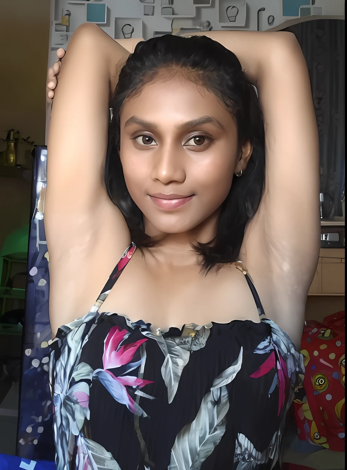 there is a woman that is posing for a picture in a room, armpit, indian girl with brown skin, she is about 16 years old, hairy arms, with arms up, flat chested, pretty face with arms and legs, posing in a bedroom, sexy girl with dark complexion, she is about 20 years old
