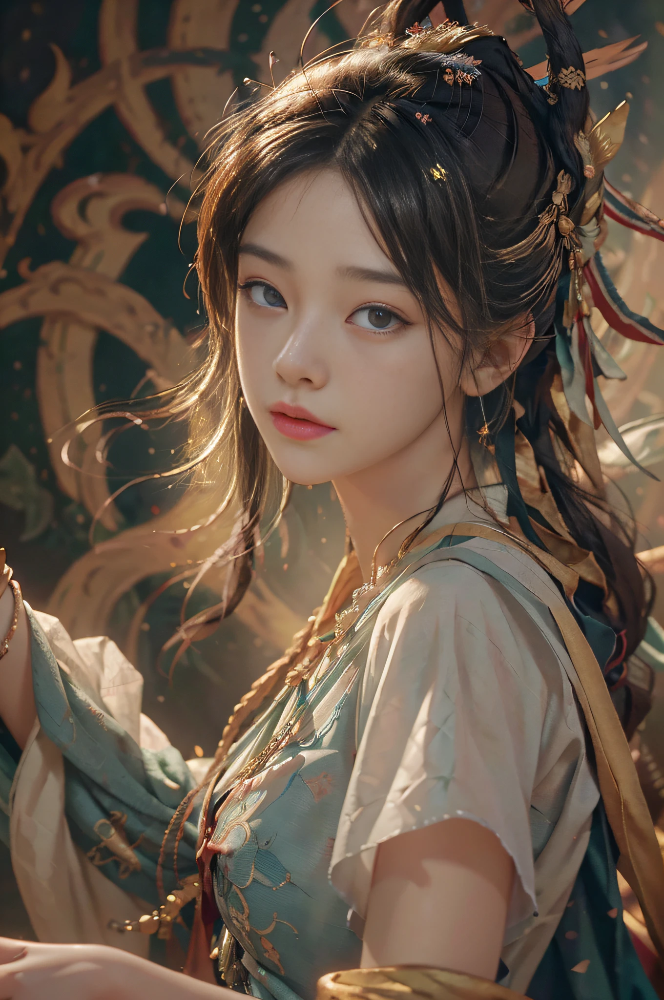(RAW photo, best quality), (realistic, photo-realistic:1.3),best quality,highly detailed,masterpiece,ultra-detailed,illustration,1girl,upper_body,dynamic angle,world masterpiece theater,messy_long_hair,best quality,extremely detailed CG unity 8k wallpaper,ink,Amazing,cinematic lighting,lens_flare, dunhuang_style