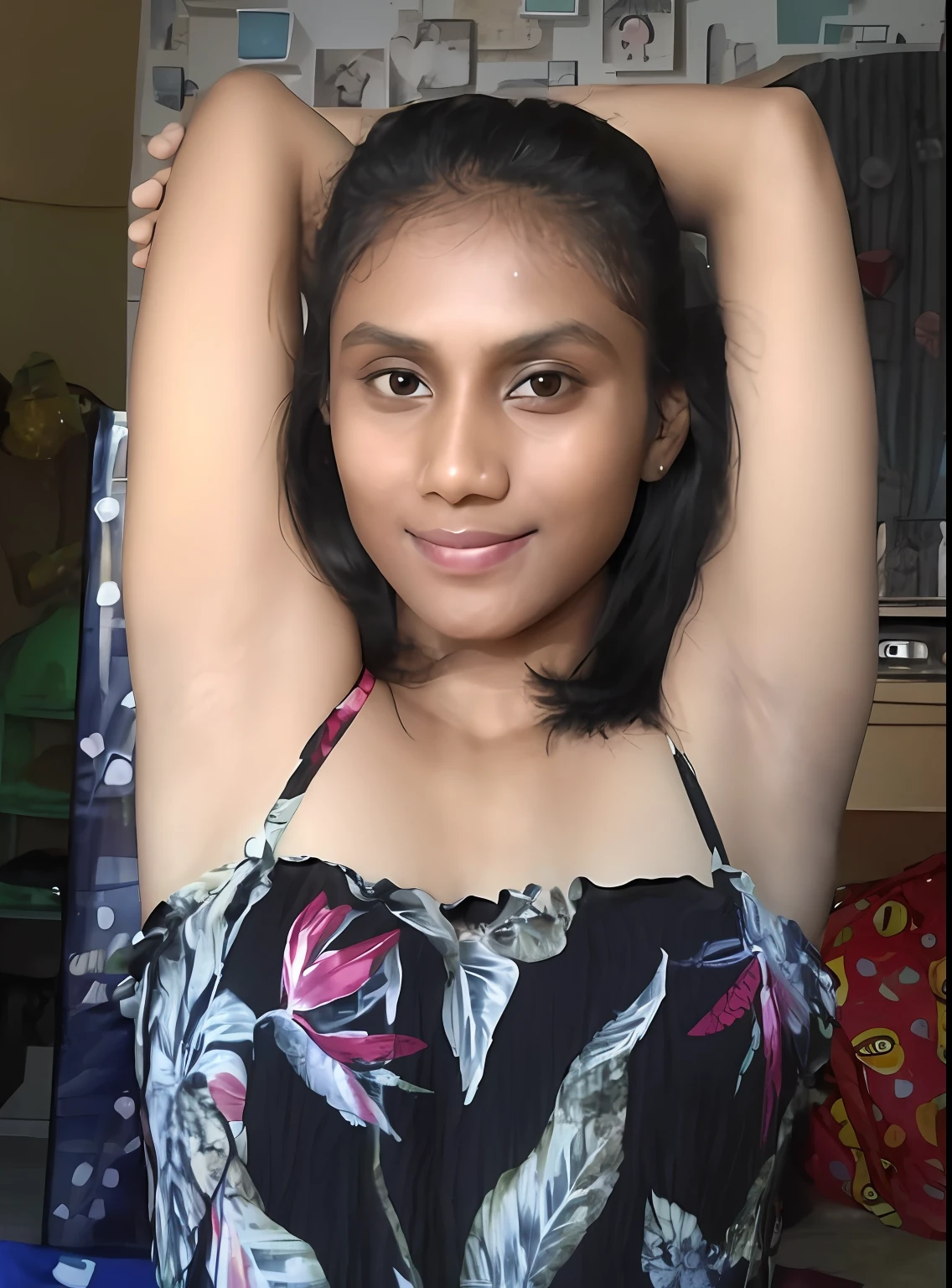 there is a woman that is posing for a picture in a room, armpit, indian girl with brown skin, she is about , hairy arms, with arms up, flat chested, pretty face with arms and legs, posing in a bedroom, sexy girl with dark complexion, she is about 20 years old