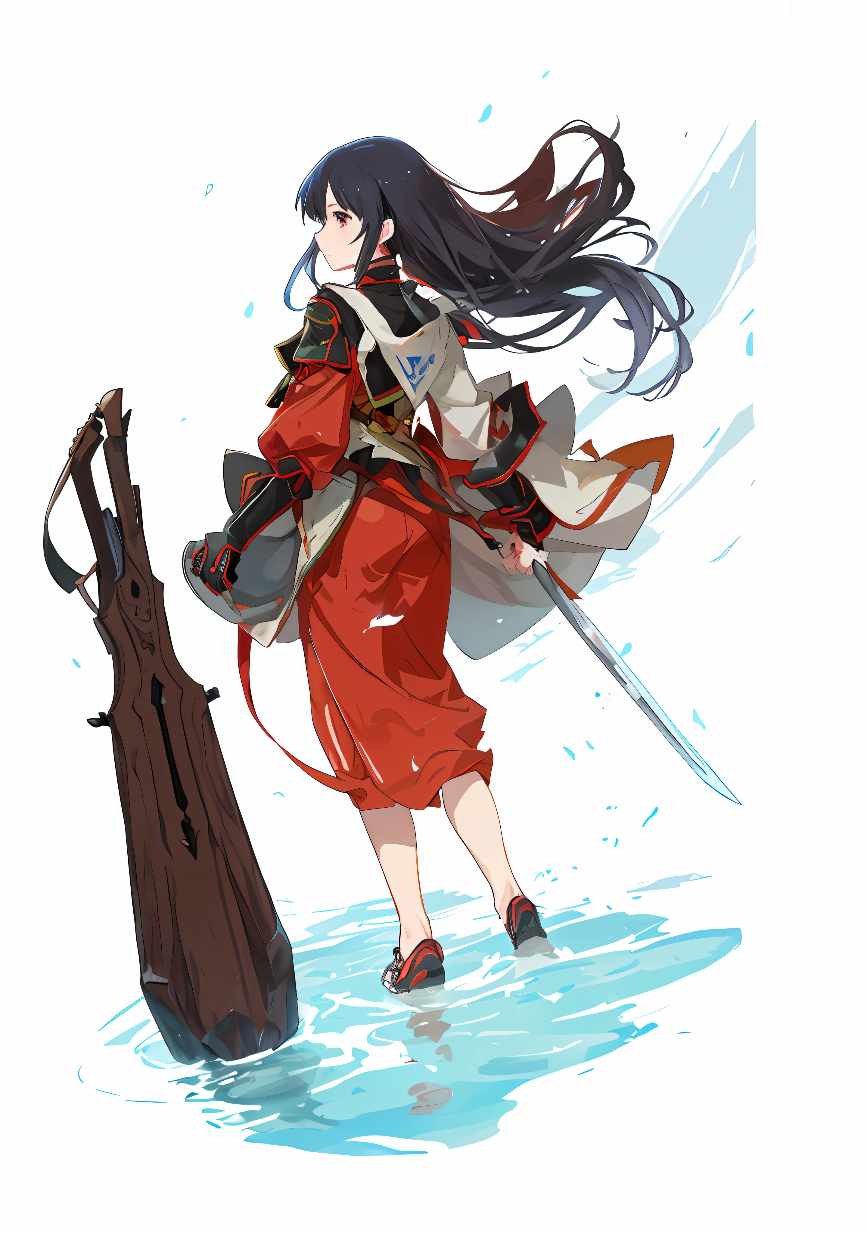 Anime characters with sword and red clothes in the water, Anime girl walking in mountains and water