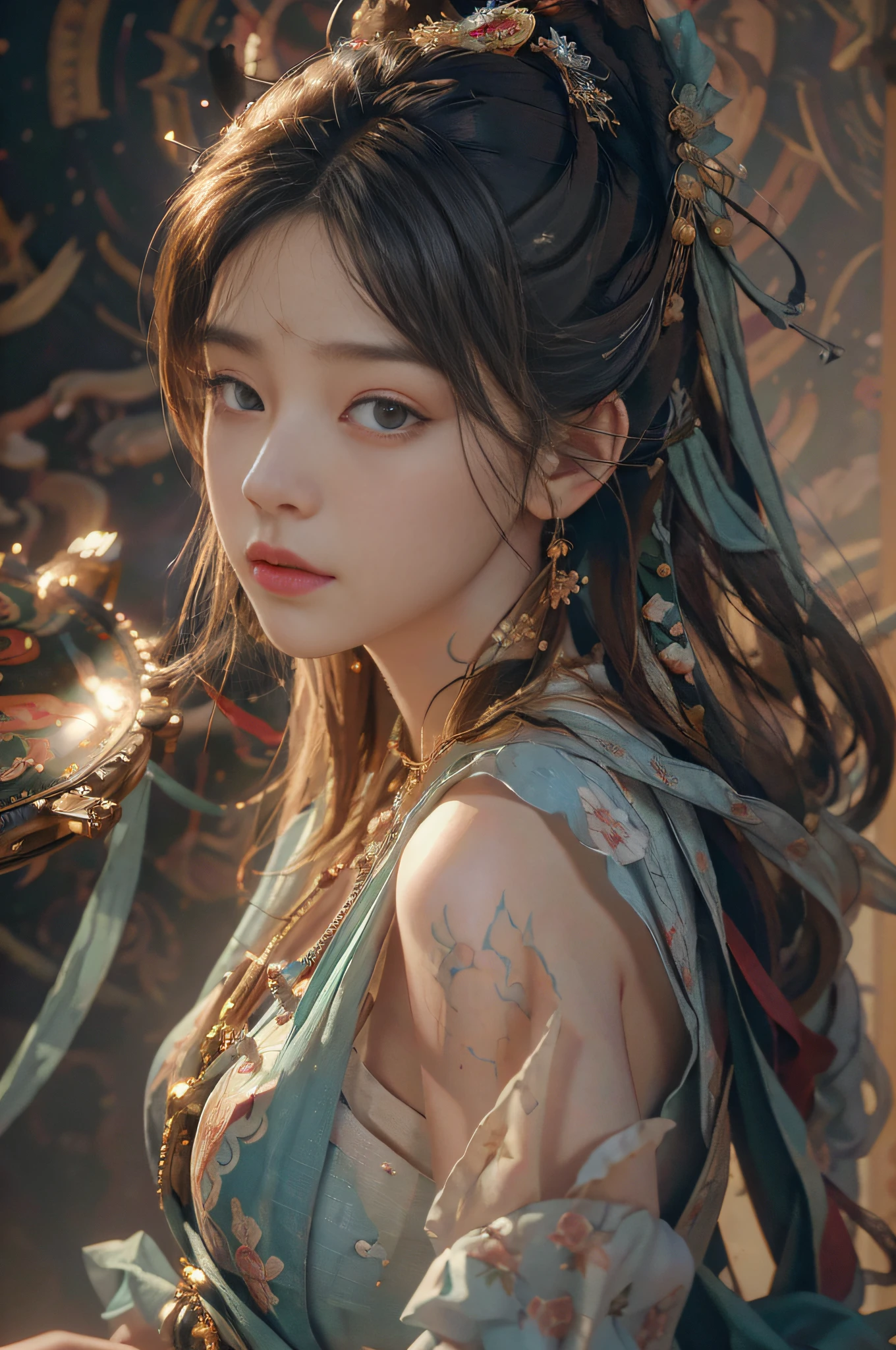 (RAW photo, best quality), (realistic, photo-realistic:1.3),best quality,highly detailed,masterpiece,ultra-detailed,illustration,1girl,upper_body,dynamic angle,world masterpiece theater,messy_long_hair,best quality,extremely detailed CG unity 8k wallpaper,ink,Amazing,cinematic lighting,lens_flare, dunhuang_style