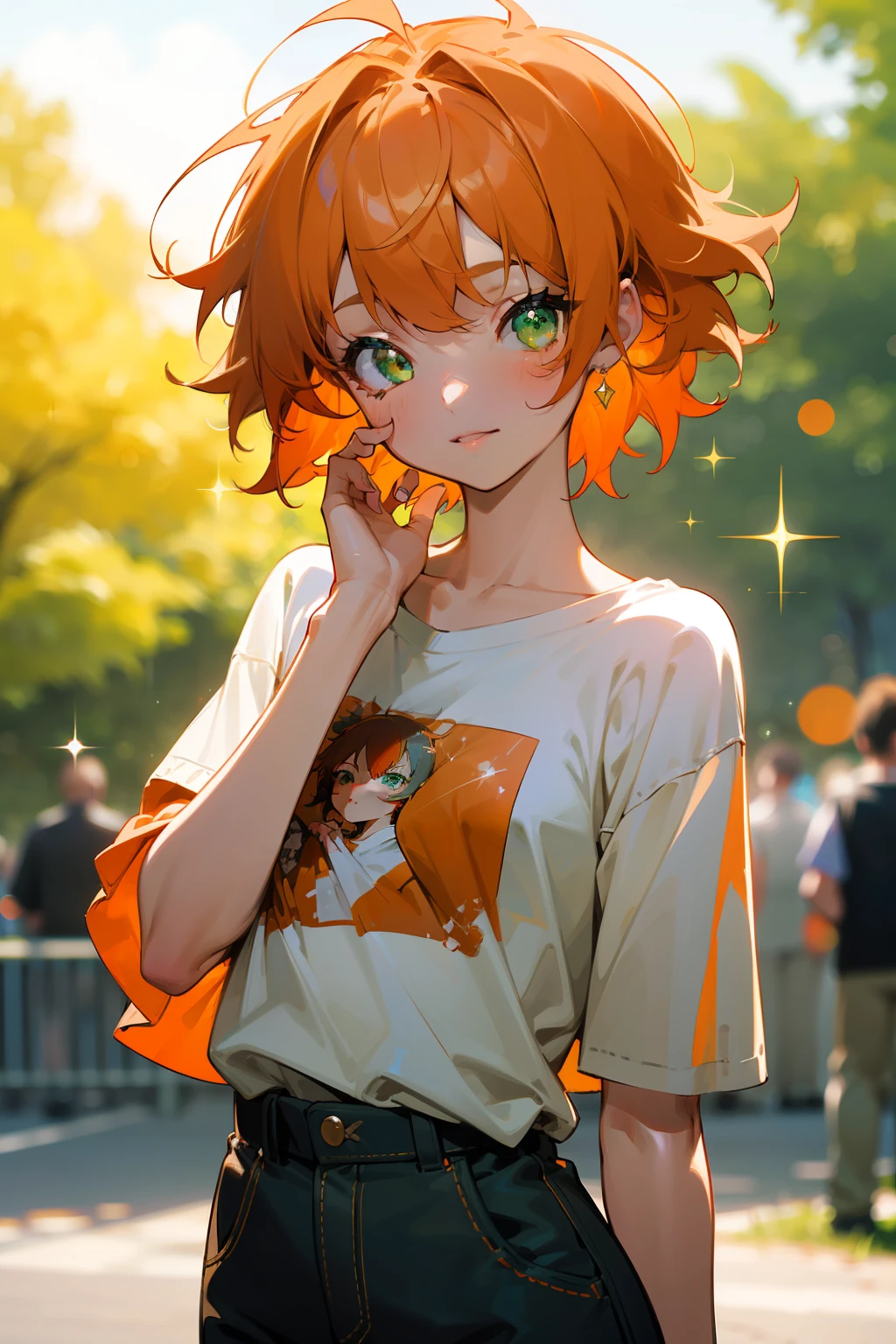 (masterpiece, best quality), intricate details, 8k, sharp focus, (bokeh) (best quality) (detailed skin:1.3) (intricate details) (8k) (detailed eyes) (anime) (perfect face) orange hair, green eyes, happy, messy hair, short hair, energetic, fun, modern, girl, flat chest, loose clothing, casual, messy, cute, T-shirt, long pants, bright, sparkles, outdoors