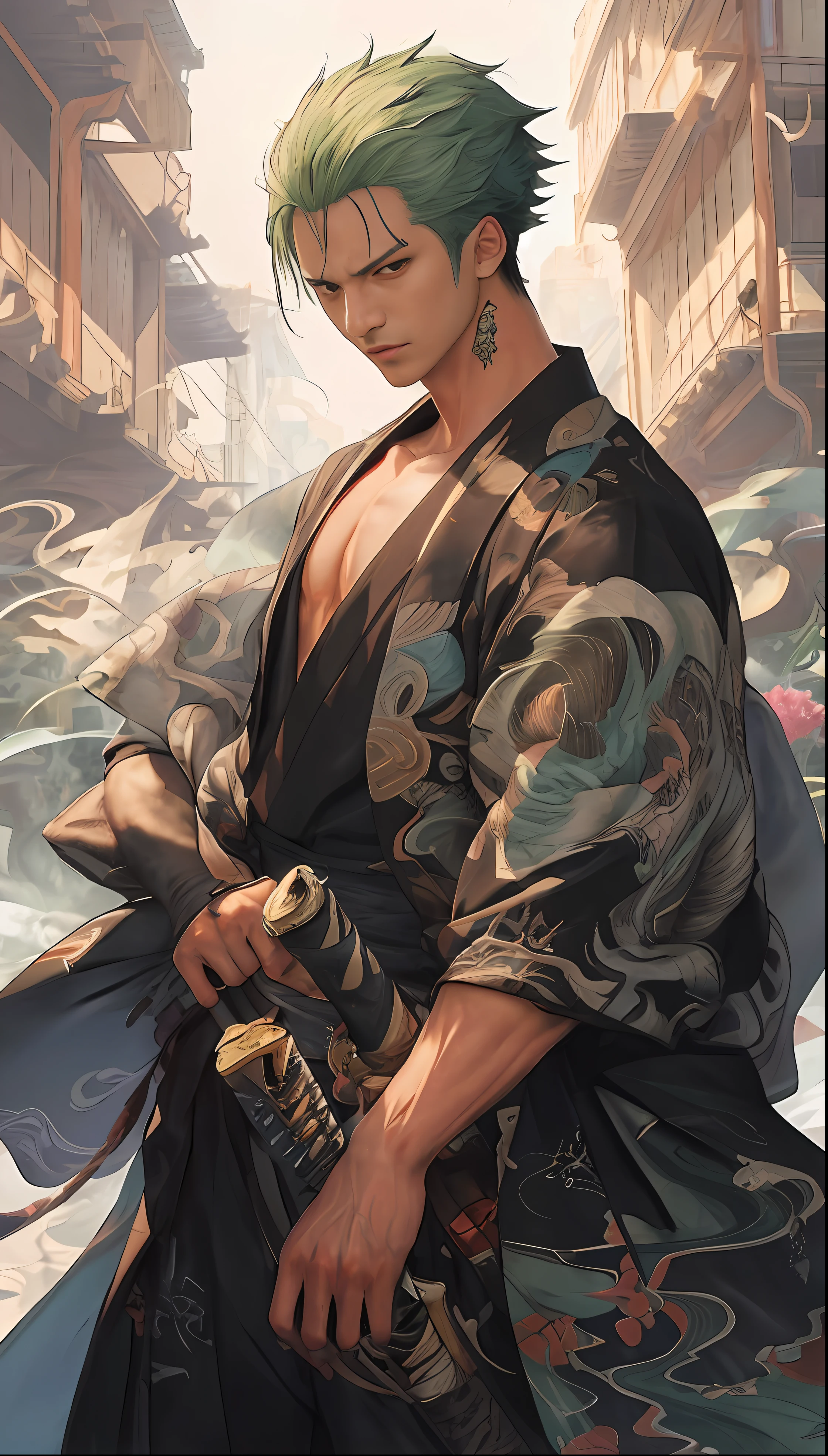 A man in a kimono holds a sword in the street, handsome guy in demon killer art, Ross Tran style, Detailed digital anime art, clean and meticulous anime art, Badass anime 8 K, trending on artstation pixiv, detailed anime character art, Detailed anime artwork, traditional japanese concept art, Roronoa Zoro, Ross Tran 8 K,An anime cover,(One Piece,author:Tite Kubo,One Piece style)