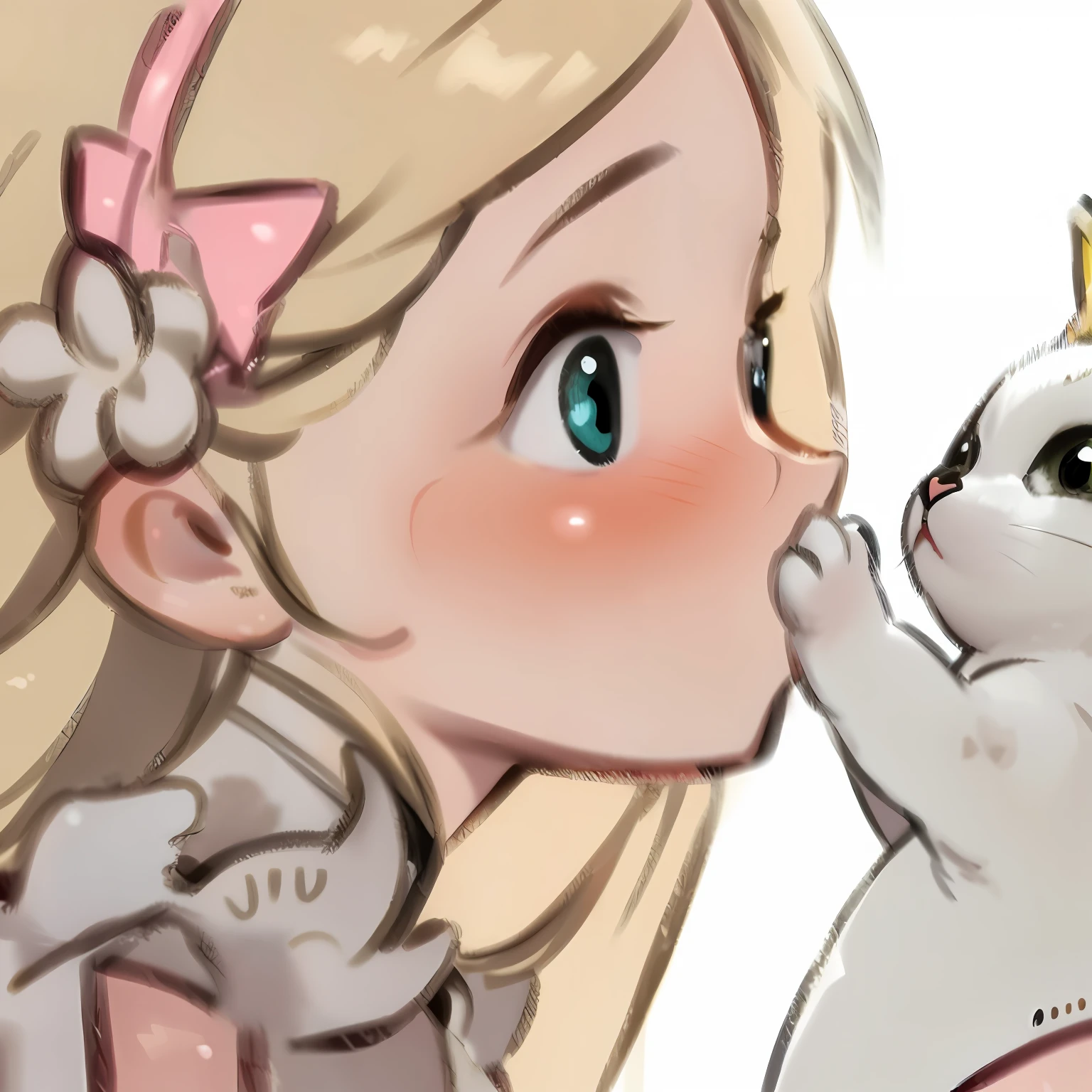 Anime girl kissing white cat with pink bow, lovely digital painting, Soft anime illustration, Cute detailed digital art, very beautiful cute catgirl, cute detailed artwork, cute artwork, Loish et WLOP, adorable digital art, Guviz, cute anime girl portraits, Kawaii realistic portrait, cute anime catgirl, Guviz-style artwork